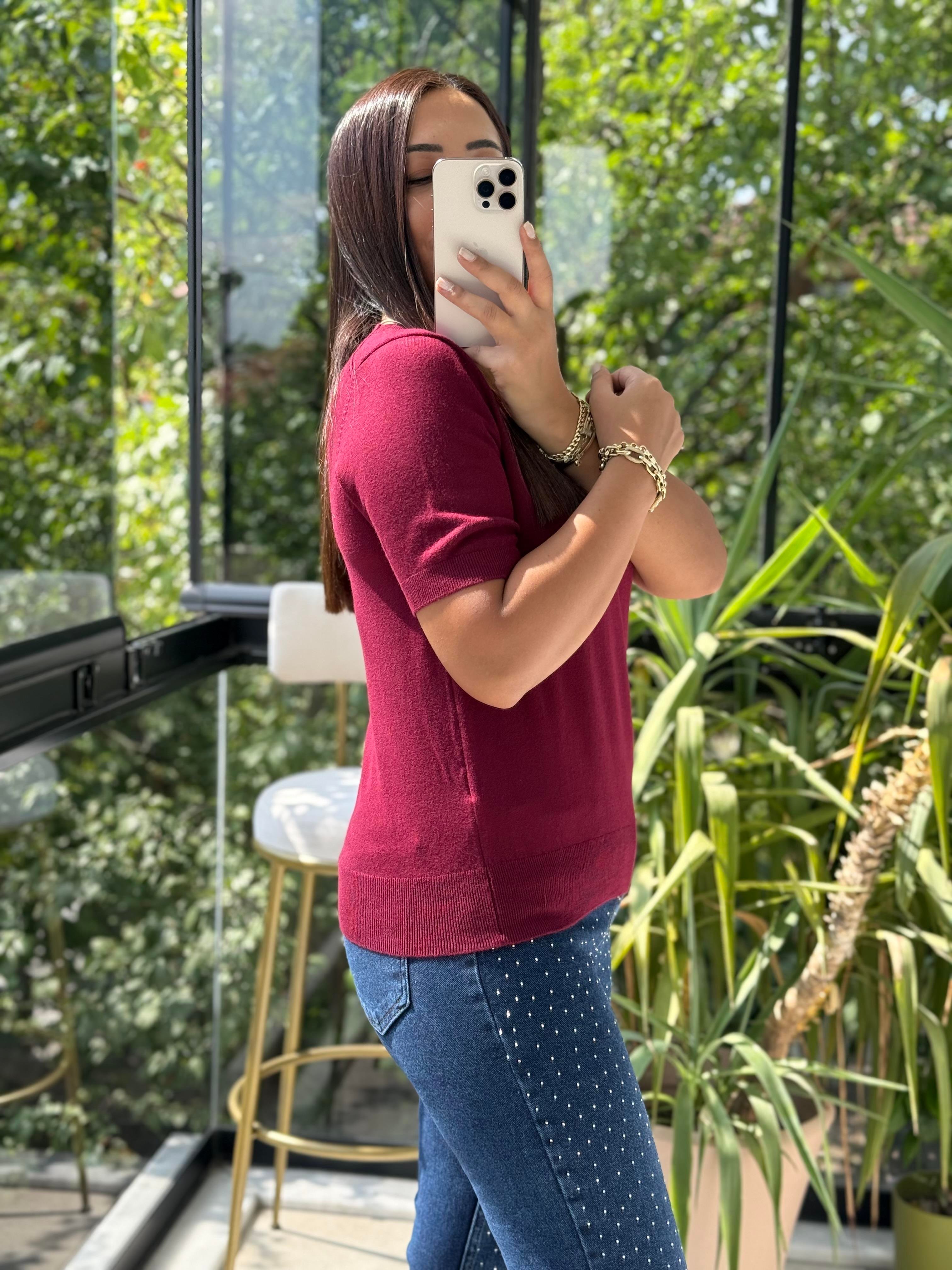 Bisiklet Yaka Kısa Kol Basic Triko Bluz Bordo