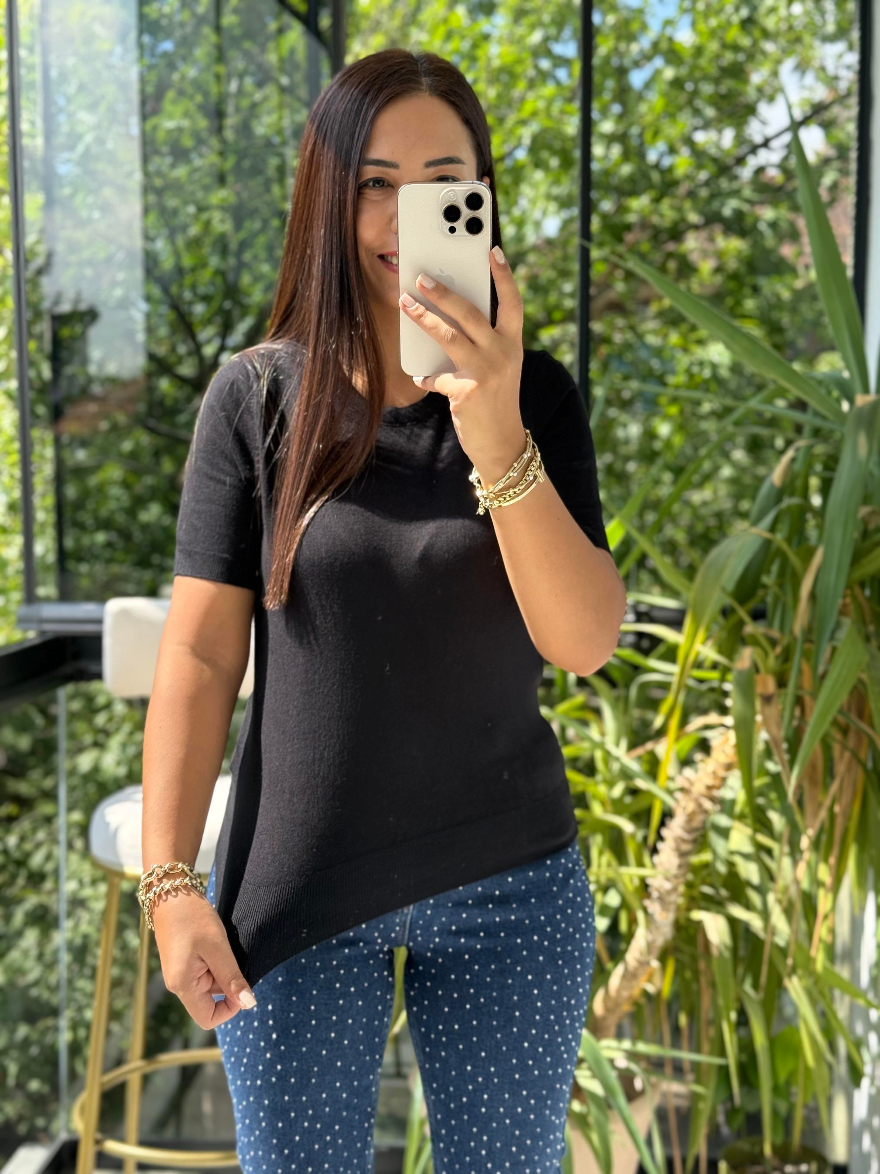 Bisiklet Yaka Kısa Kol Basic Triko Bluz Siyah