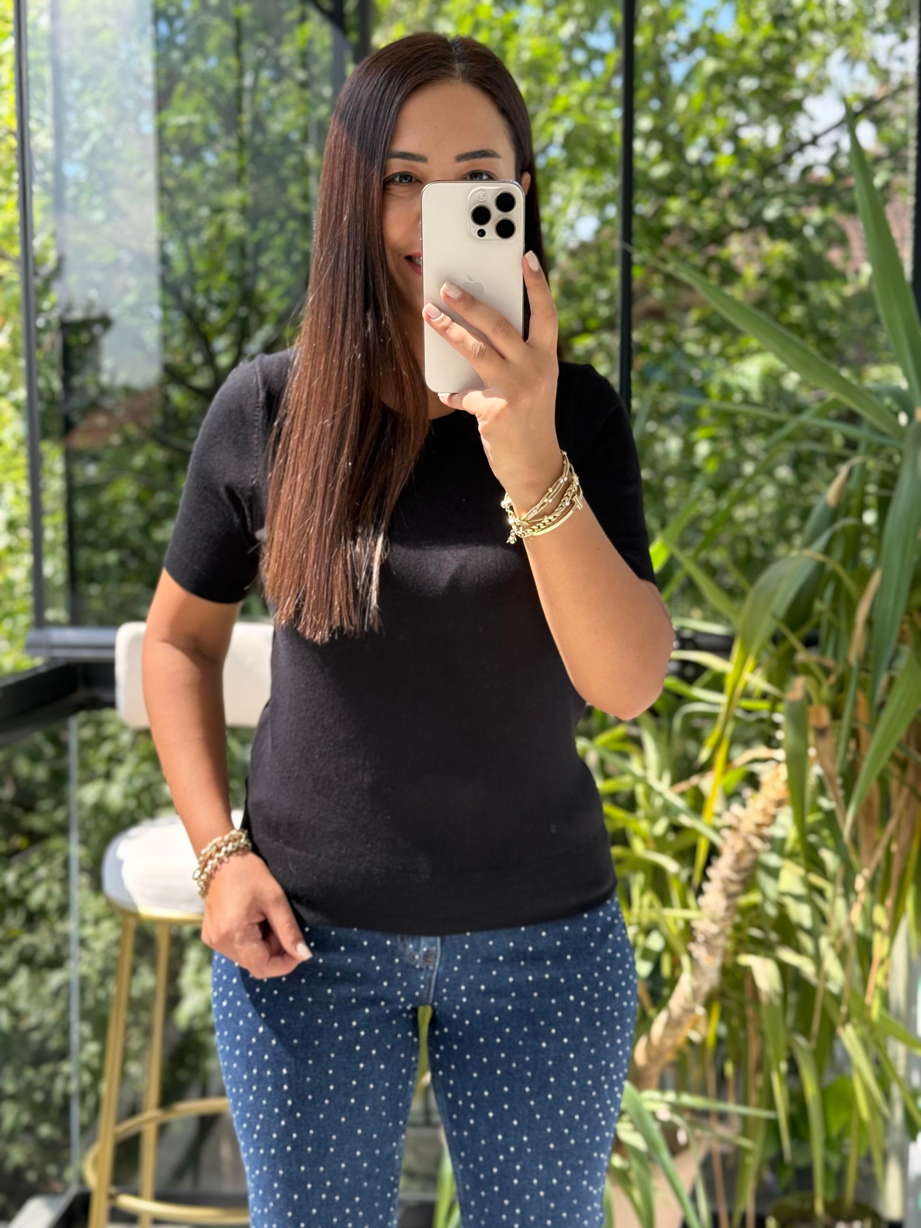 Bisiklet Yaka Kısa Kol Basic Triko Bluz Siyah