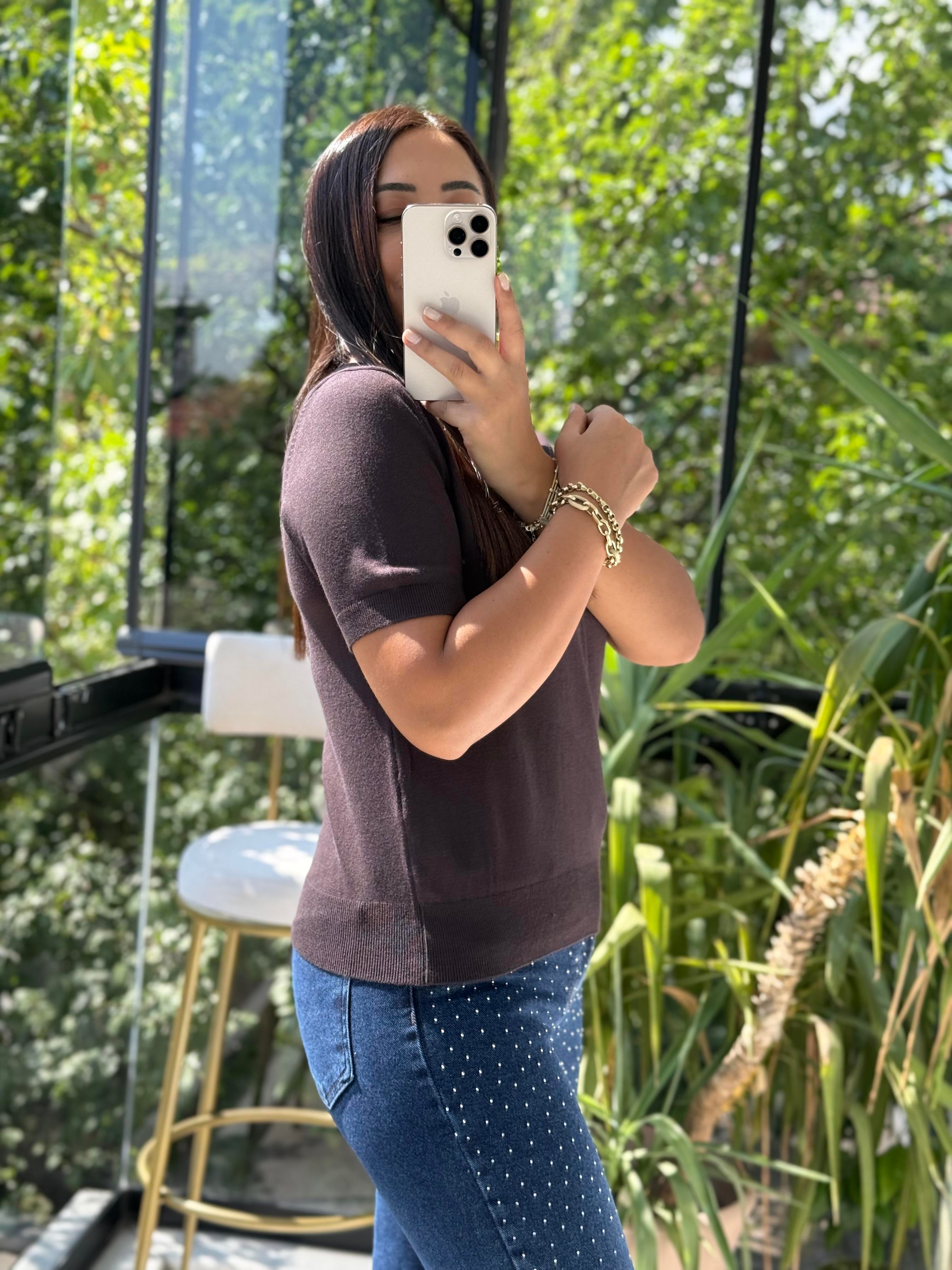 Bisiklet Yaka Kısa Kol Basic Triko Bluz Koyu Kahve