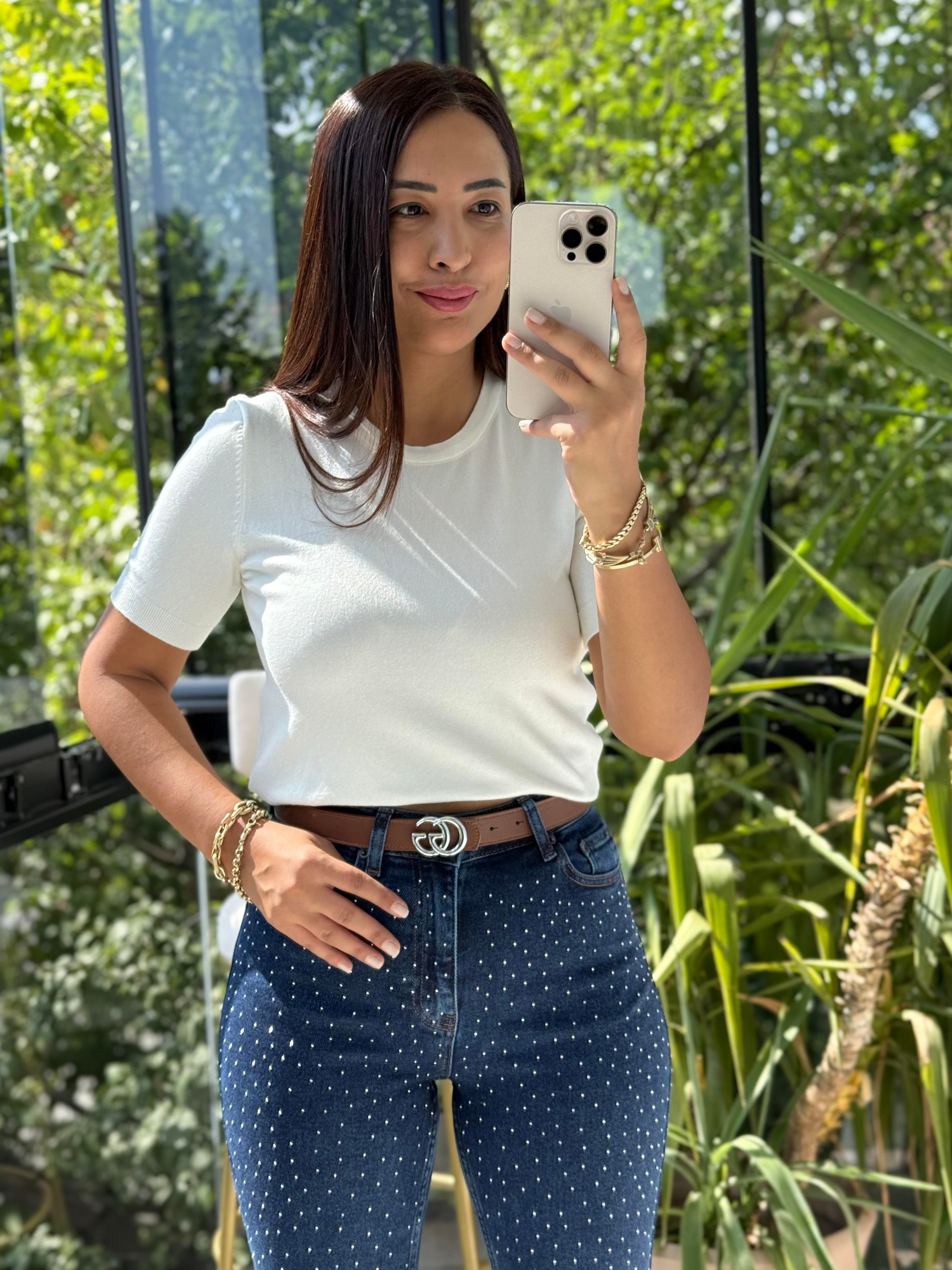 Bisiklet Yaka Kısa Kol Basic Triko Bluz Ekru