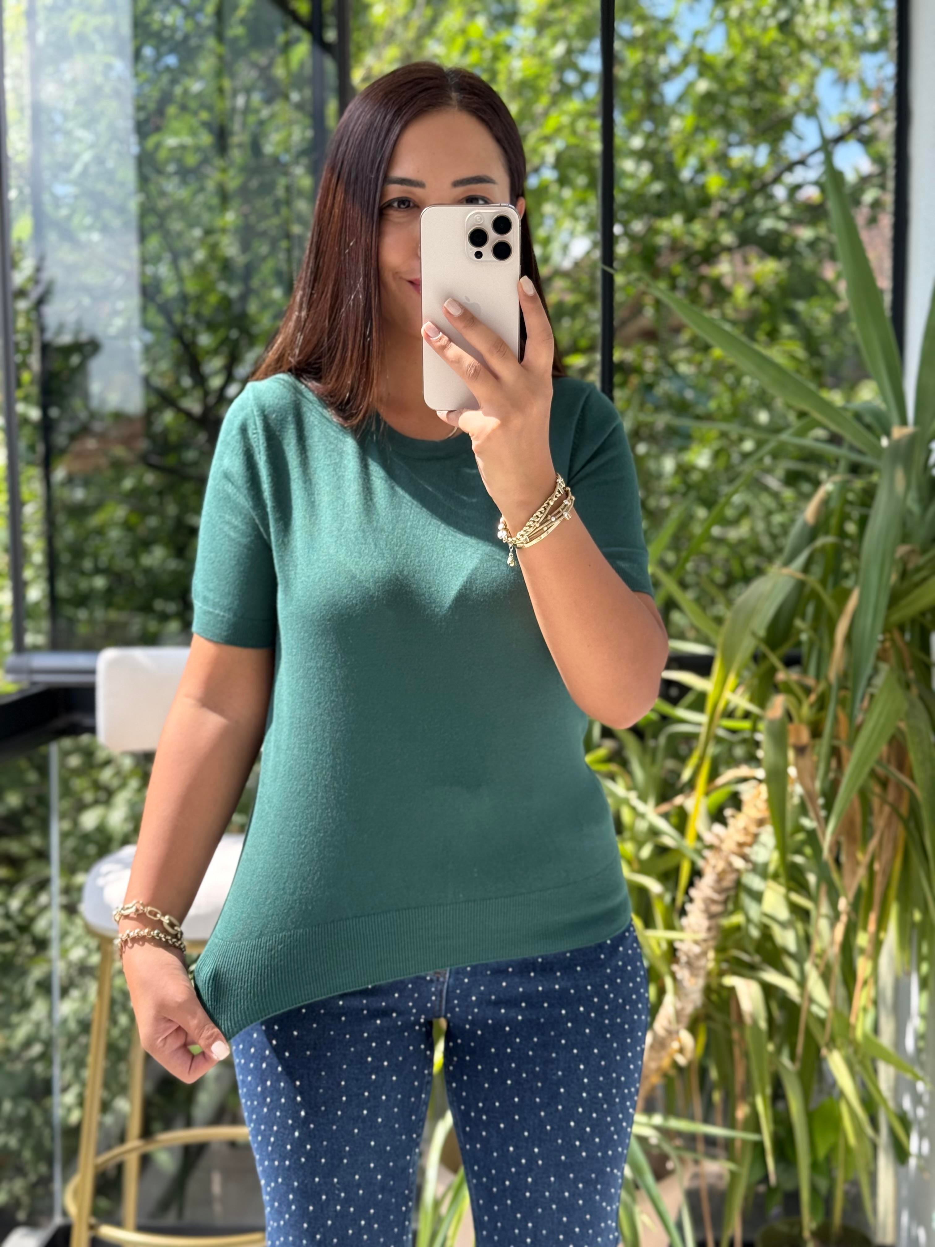 Bisiklet Yaka Kısa Kol Basic Triko Bluz Zümrüt