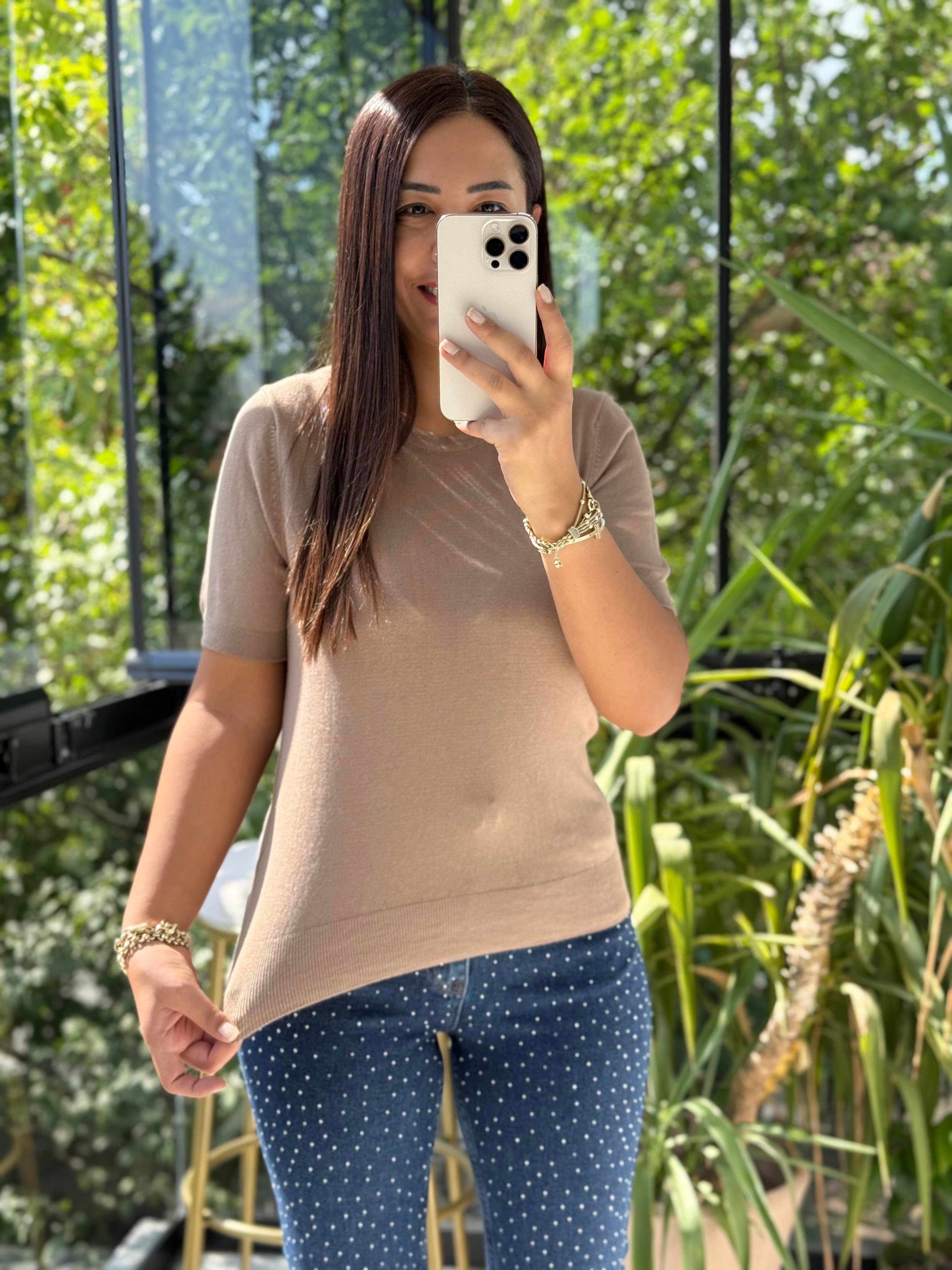 Bisiklet Yaka Kısa Kol Basic Triko Bluz Vizon