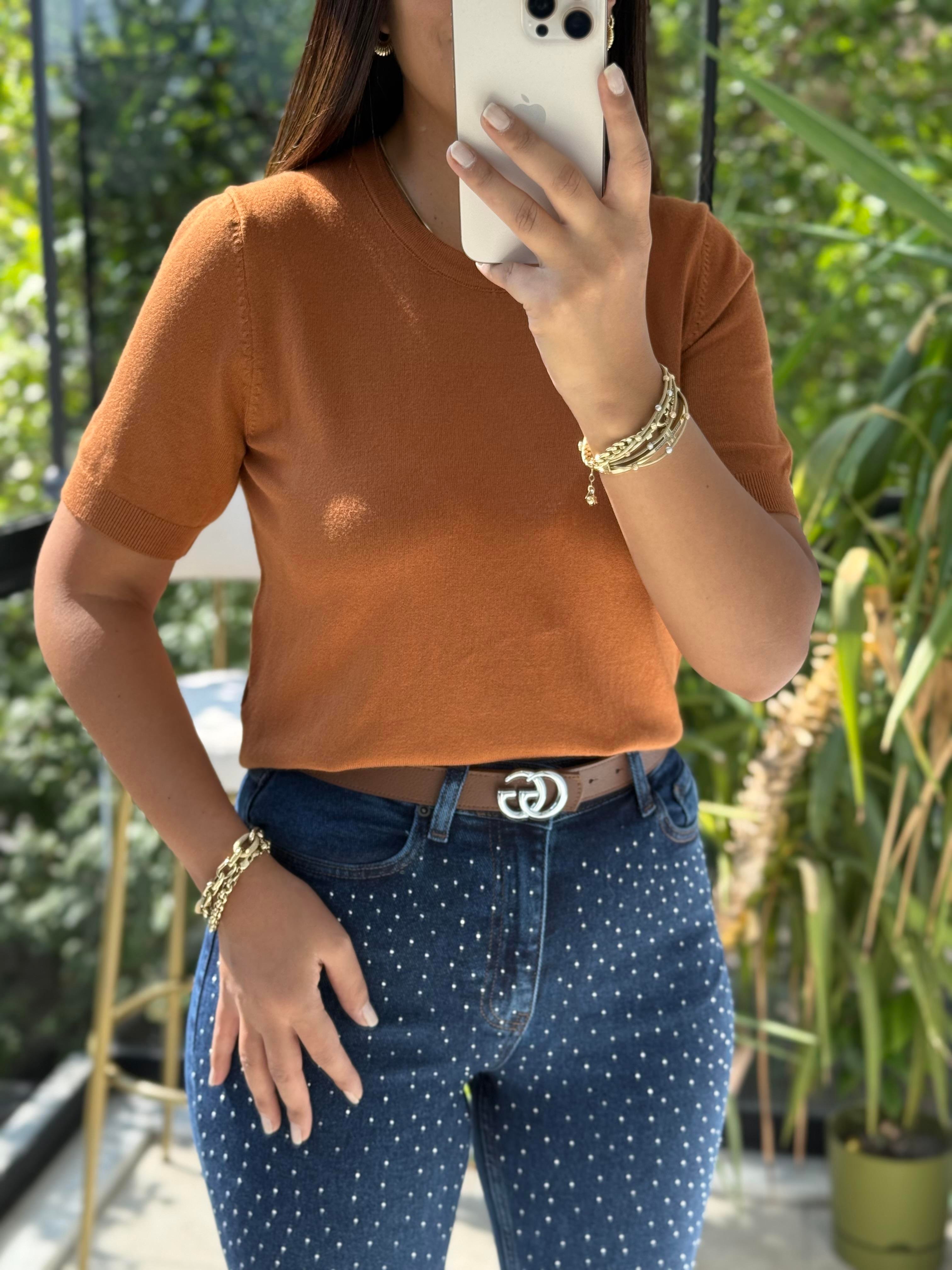 Bisiklet Yaka Kısa Kol Basic Triko Bluz Karamel