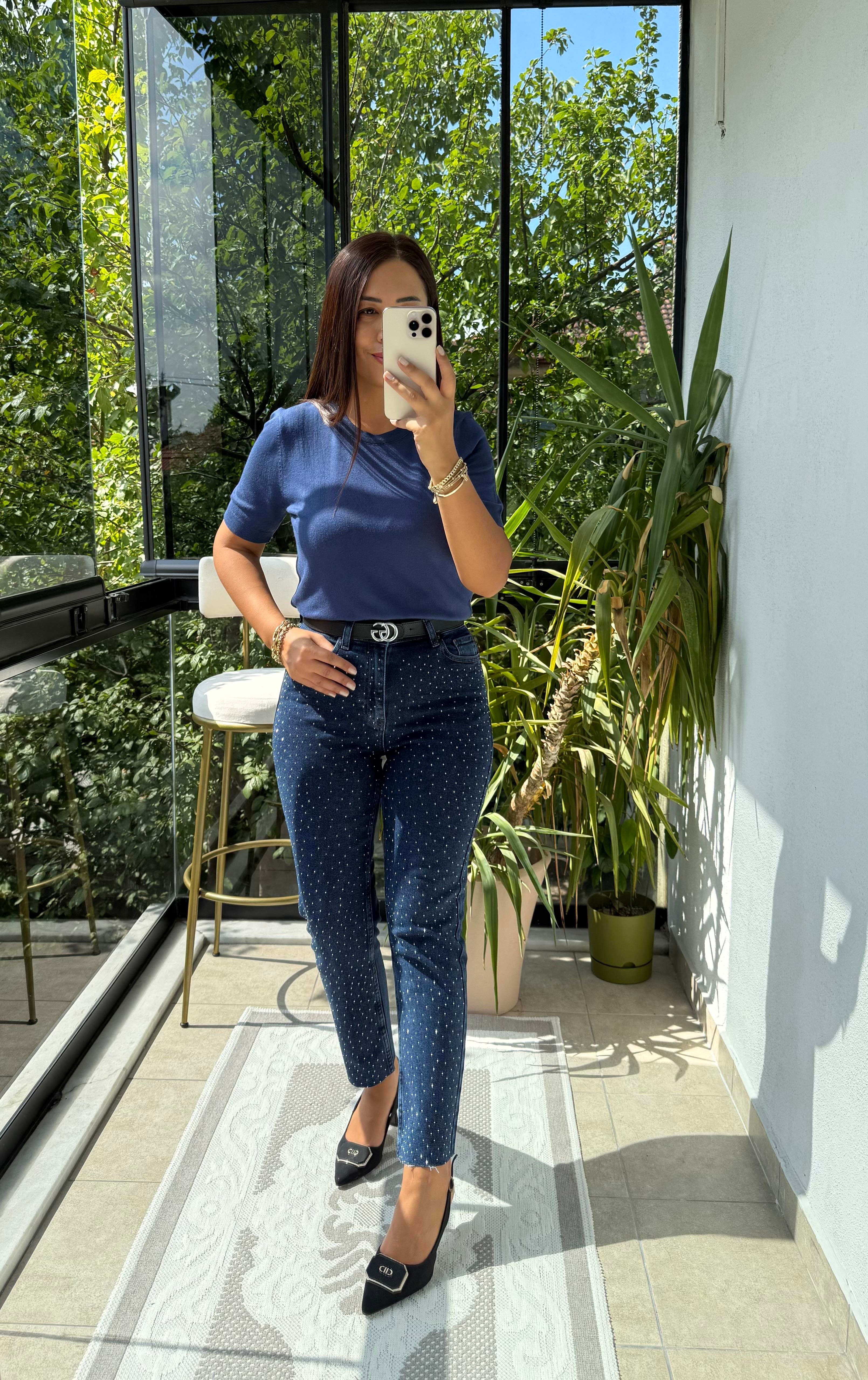 Bisiklet Yaka Kısa Kol Basic Triko Bluz İndigo Mavi