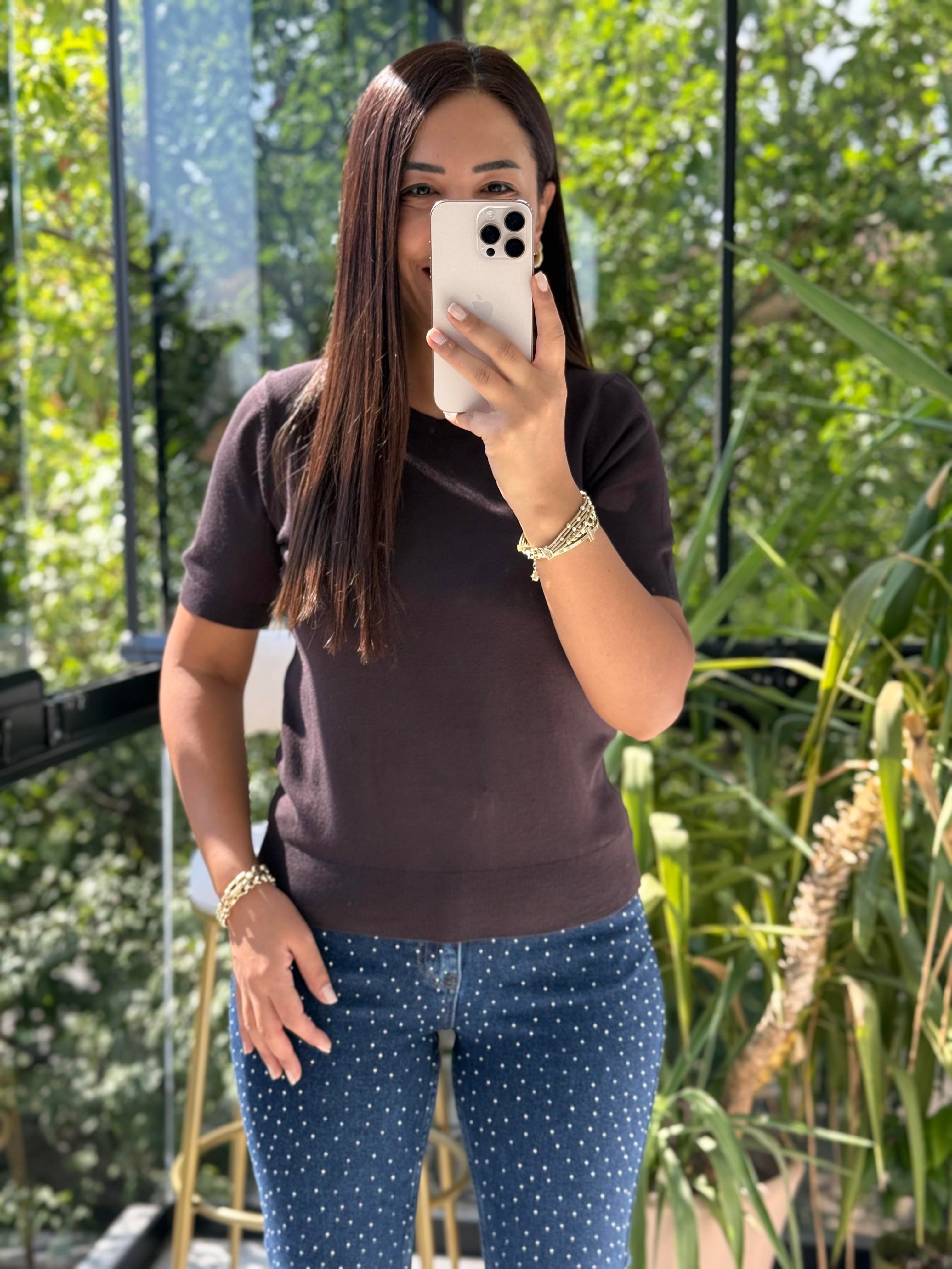 Bisiklet Yaka Kısa Kol Basic Triko Bluz Koyu Kahve