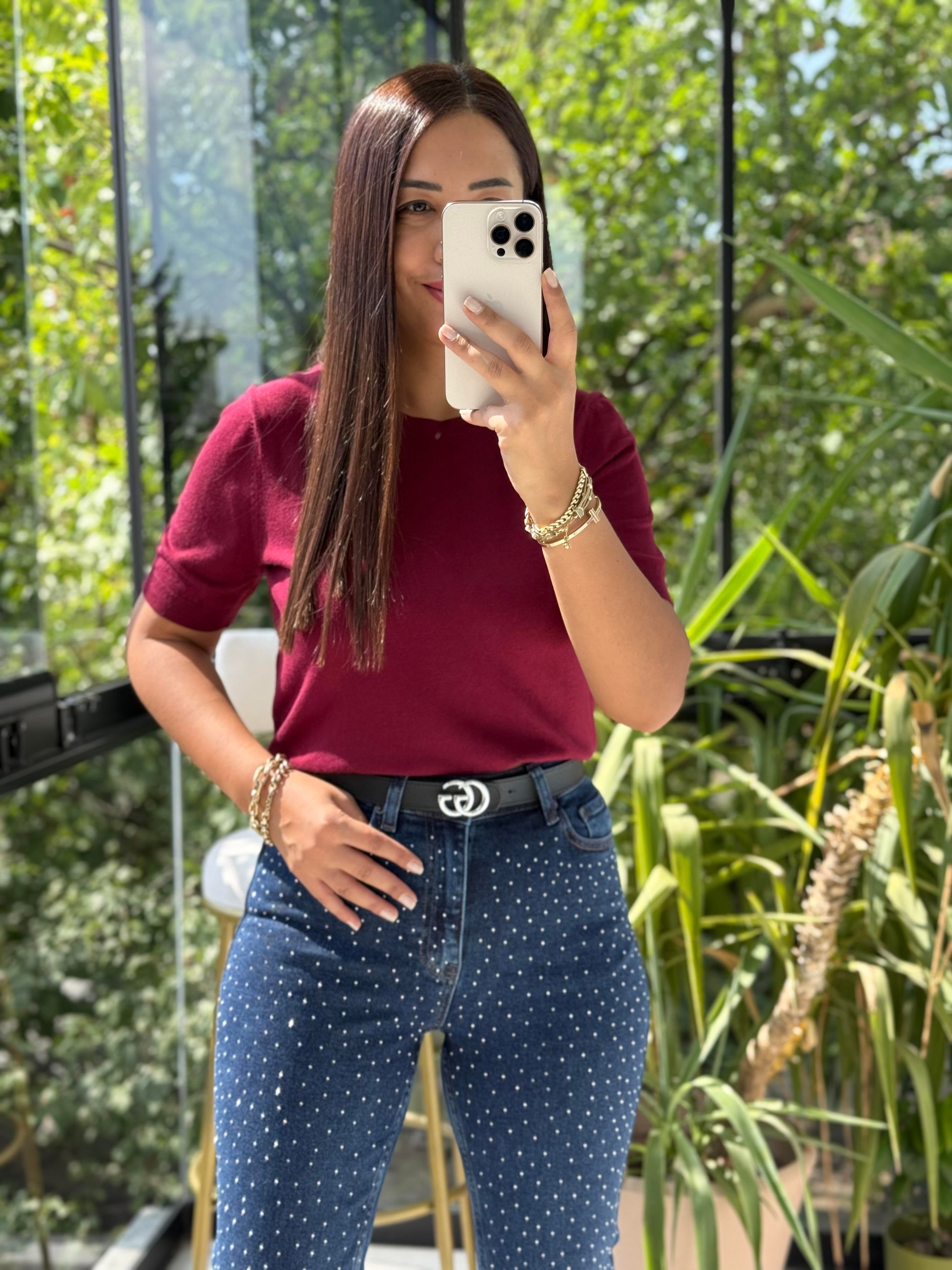 Bisiklet Yaka Kısa Kol Basic Triko Bluz Bordo