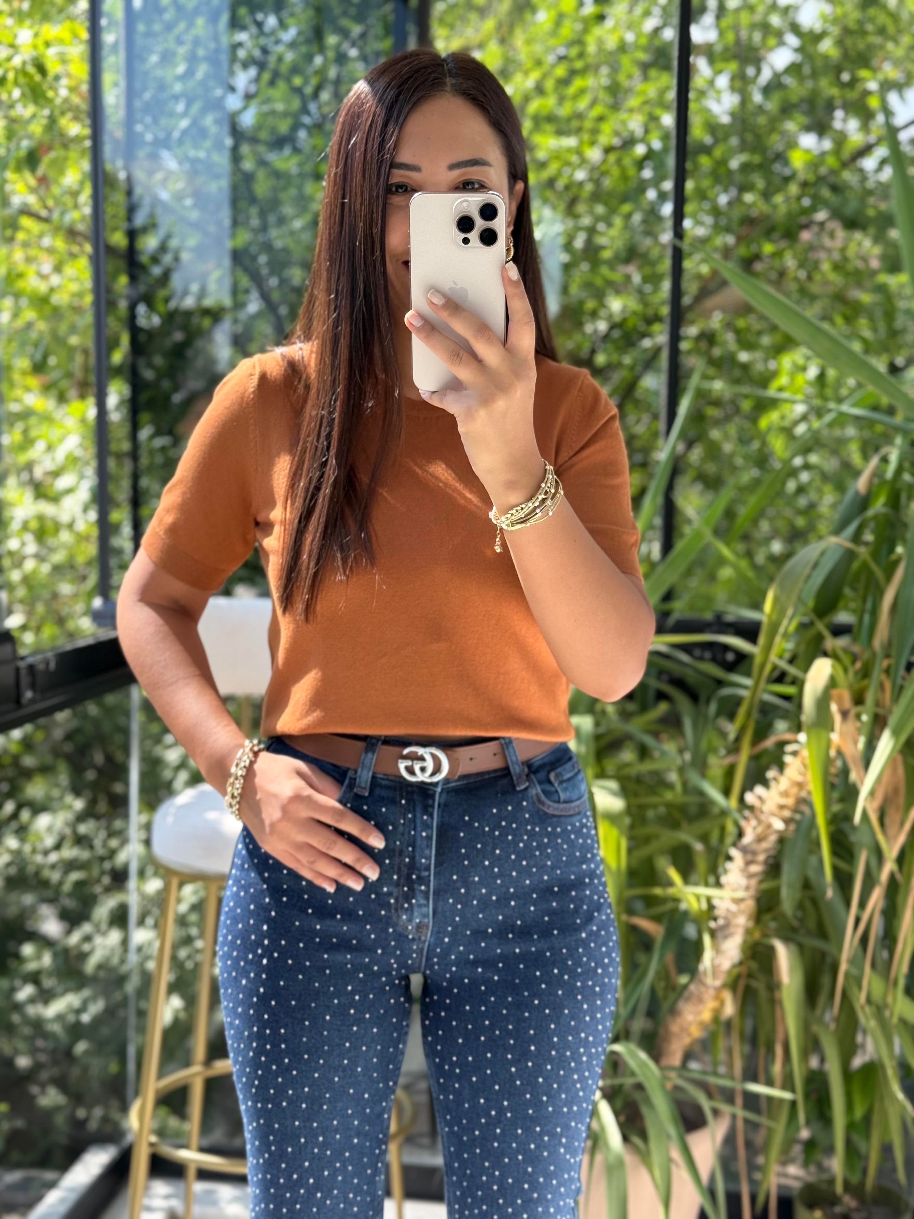 Bisiklet Yaka Kısa Kol Basic Triko Bluz Karamel