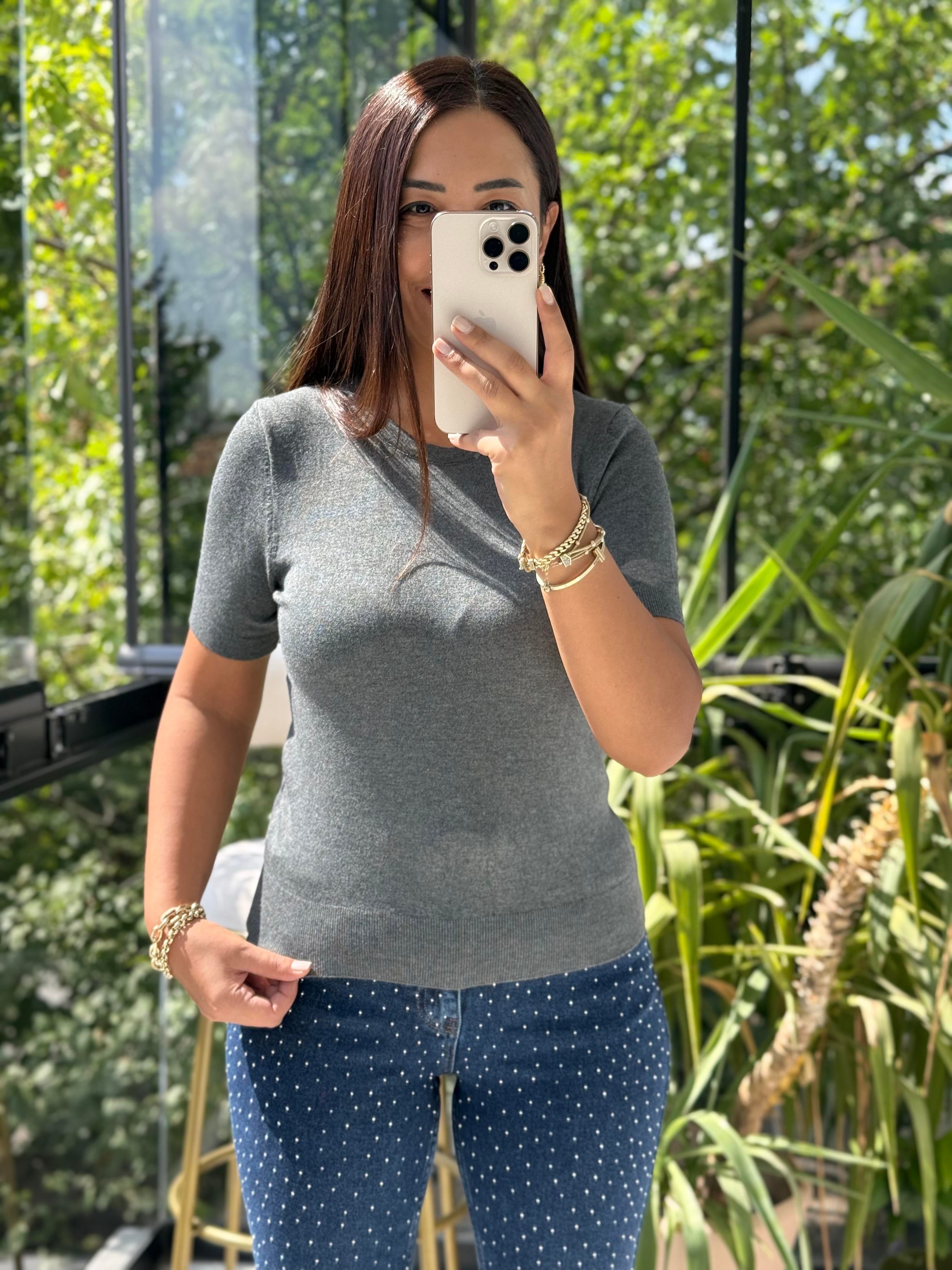 Bisiklet Yaka Kısa Kol Basic Triko Bluz Füme