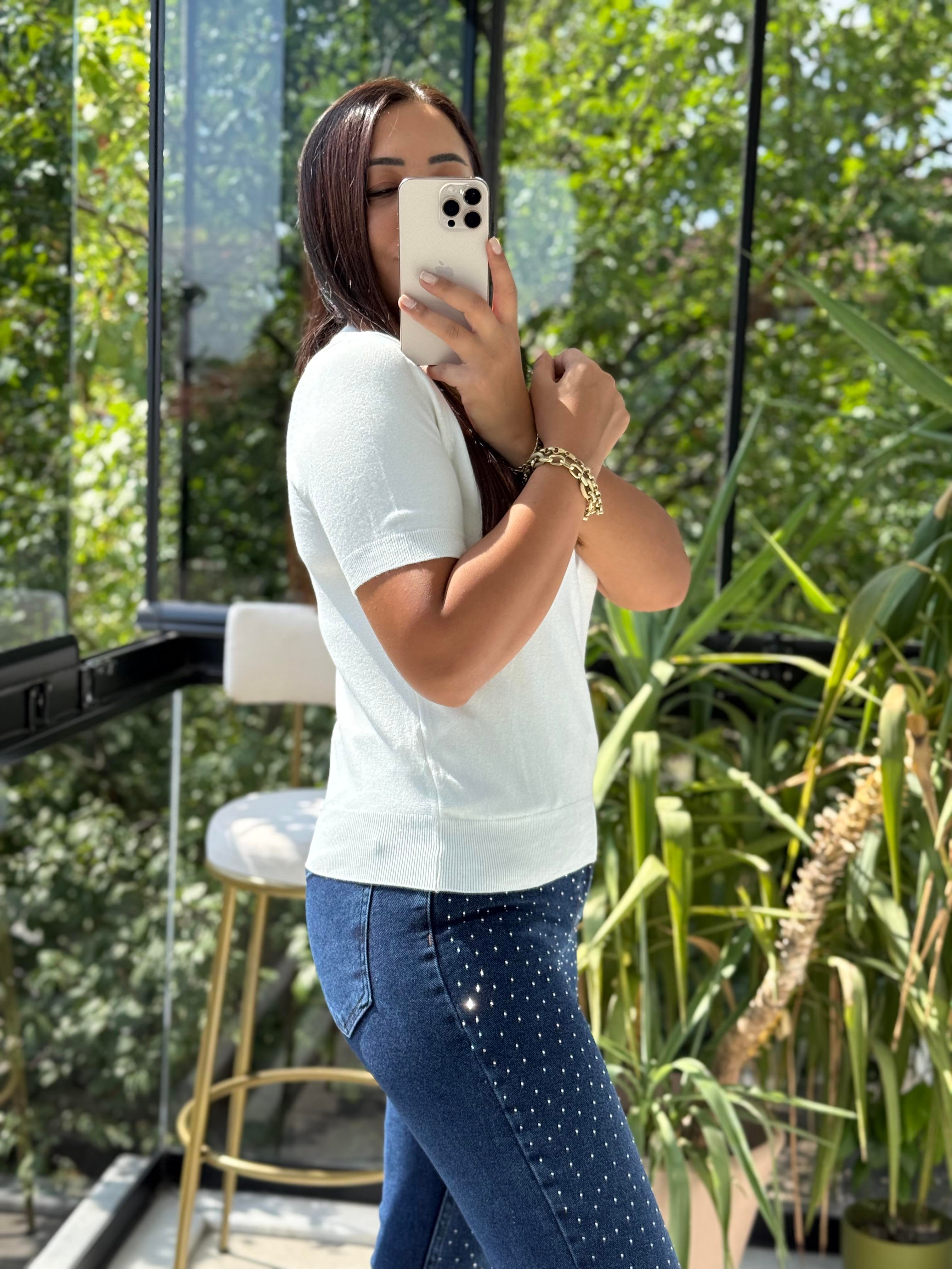 Bisiklet Yaka Kısa Kol Basic Triko Bluz Ekru