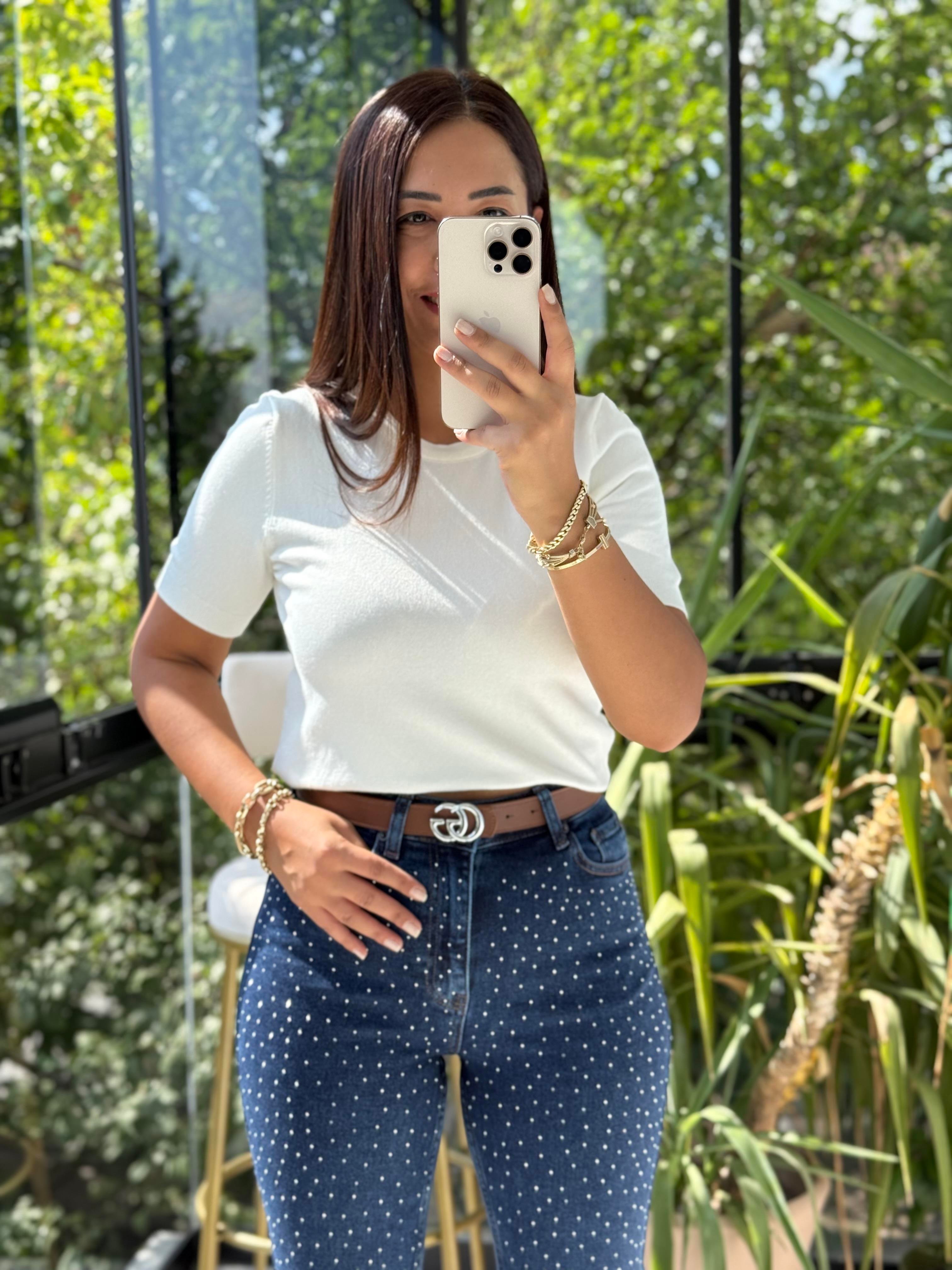 Bisiklet Yaka Kısa Kol Basic Triko Bluz Ekru