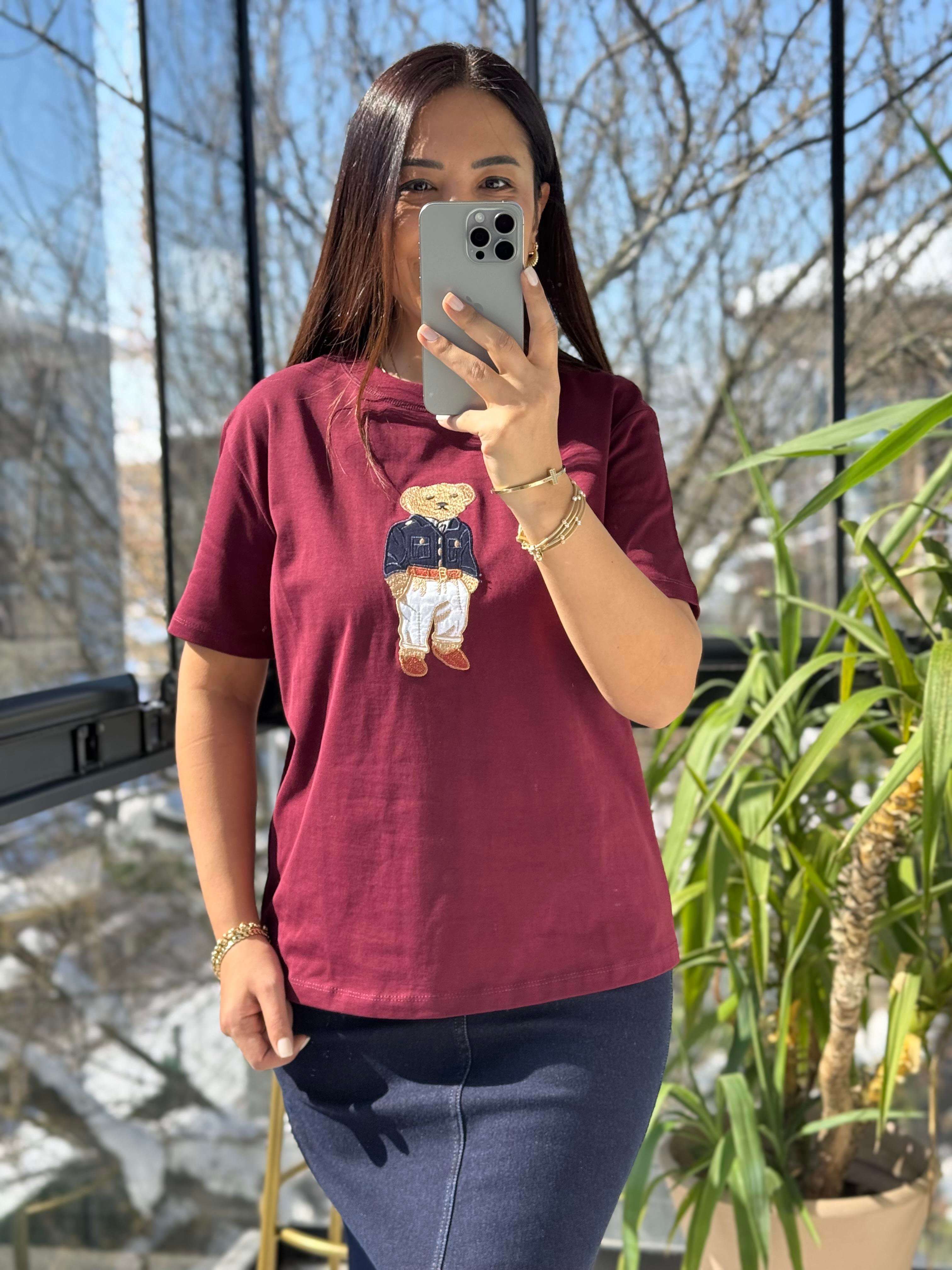 Bisiklet Yaka Teddy Tişört Bordo 