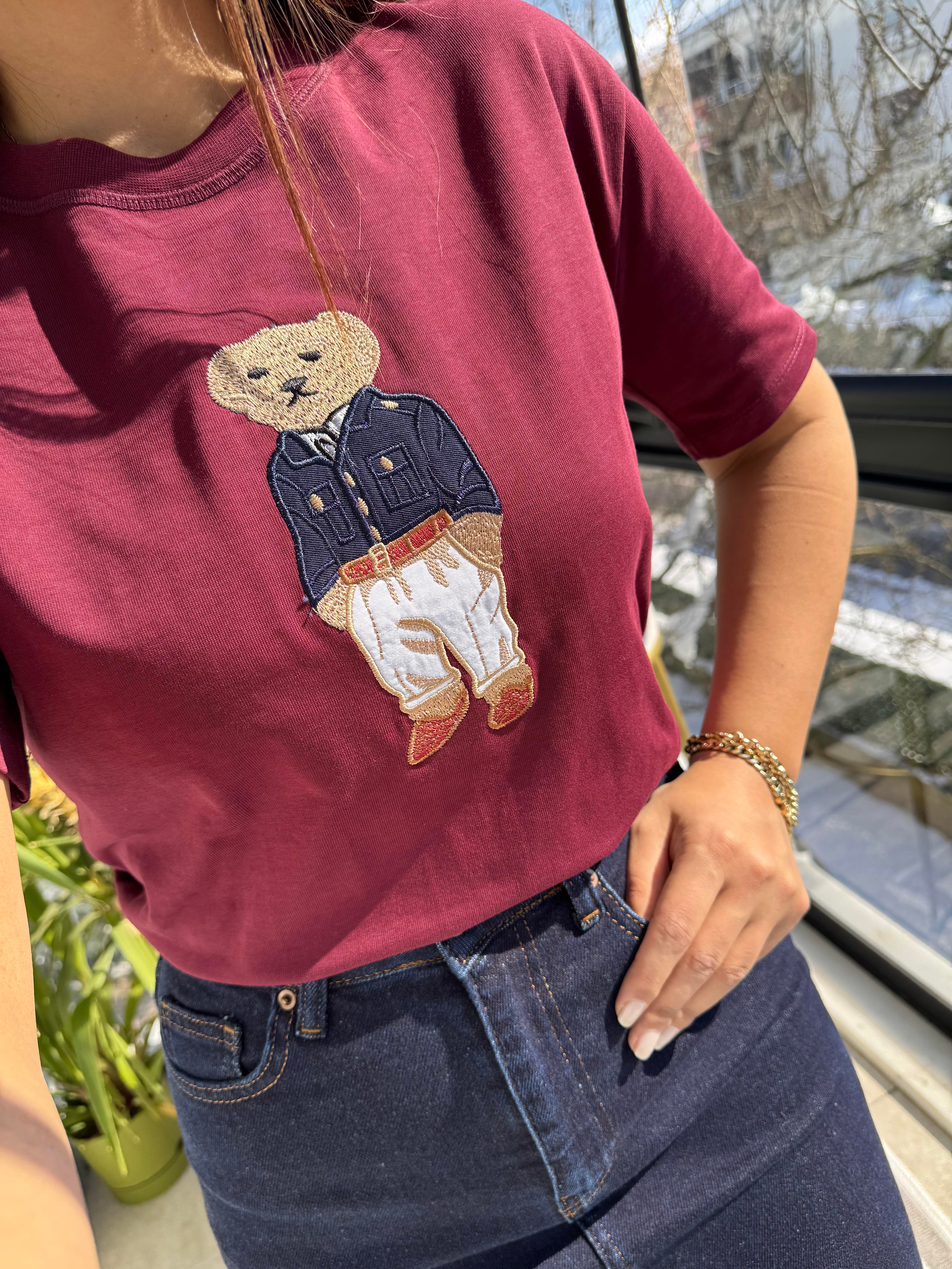 Bisiklet Yaka Teddy Tişört Bordo 