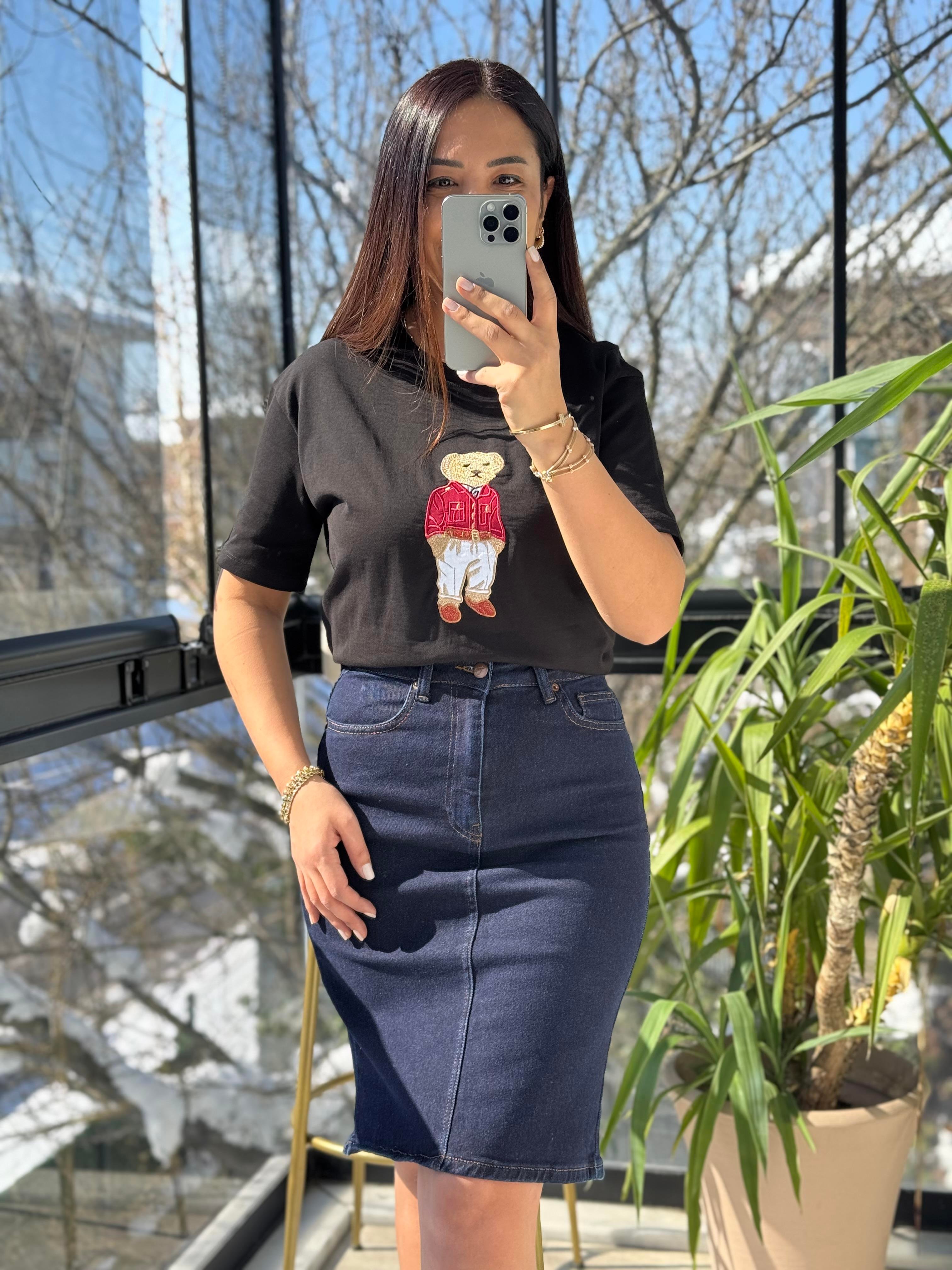 Bisiklet Yaka Teddy Tişört Siyah