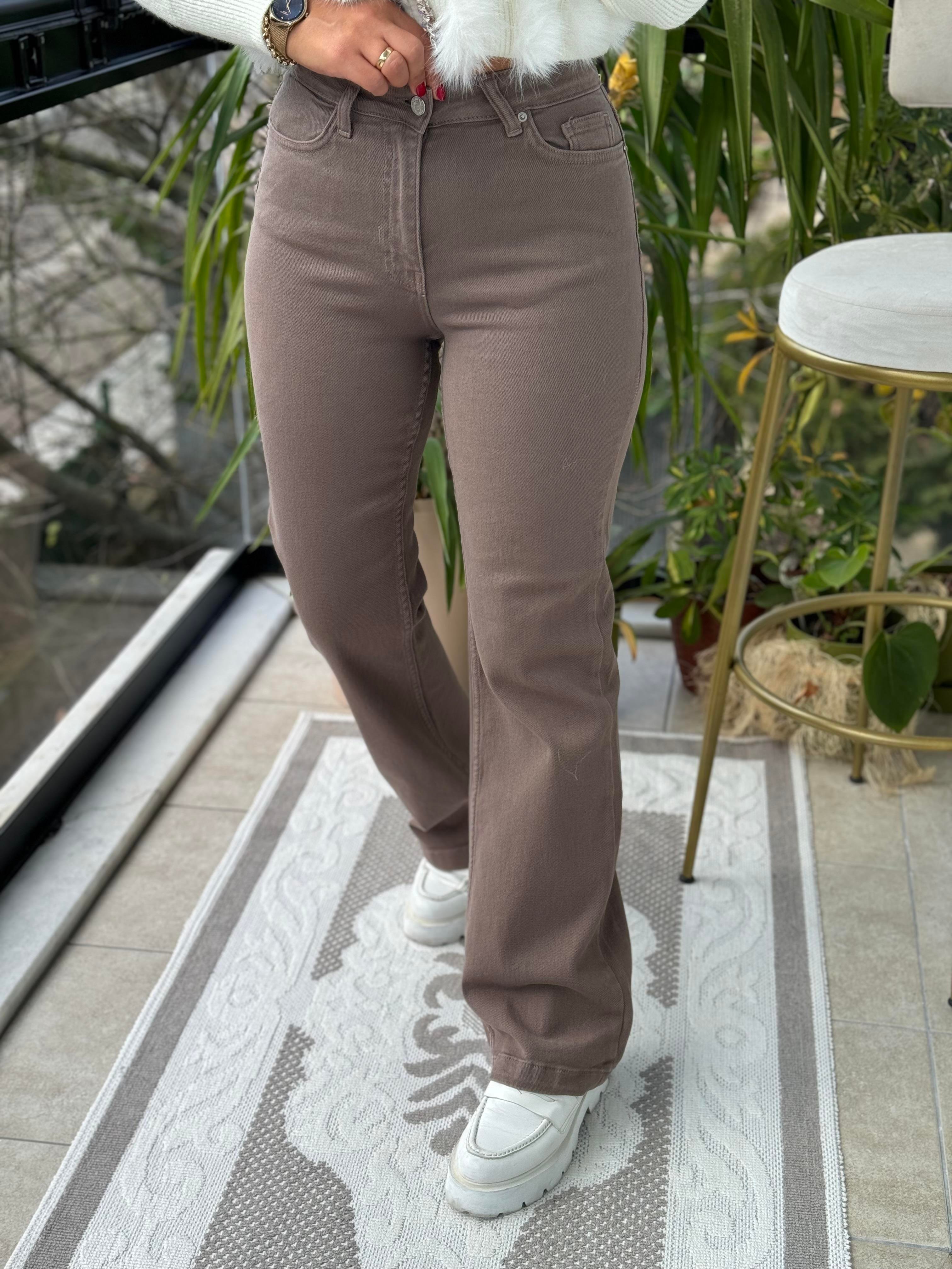 Bol Paça Relax Kot Pantolon Koyu Vizon