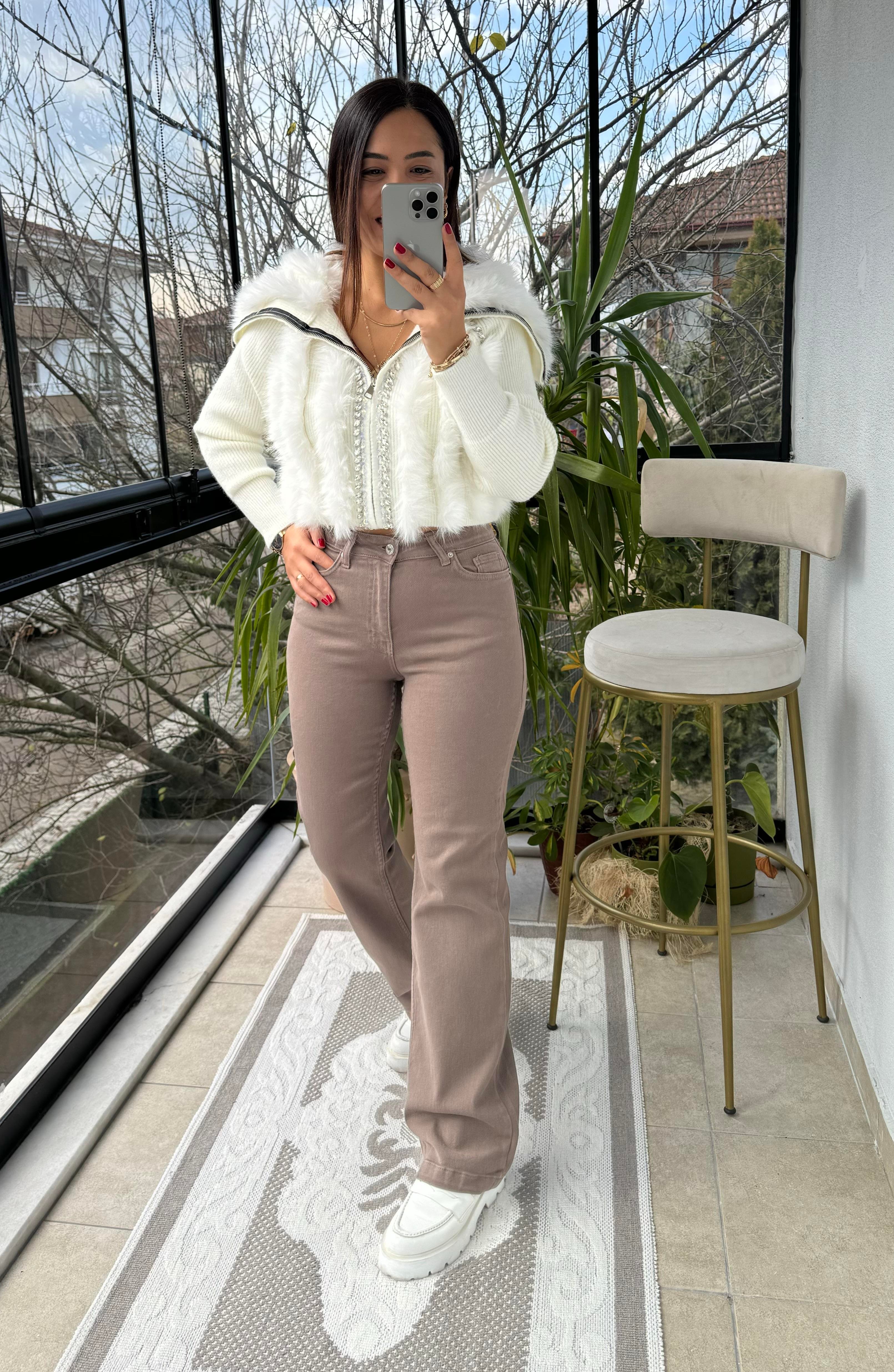 Bol Paça Relax Kot Pantolon Koyu Vizon