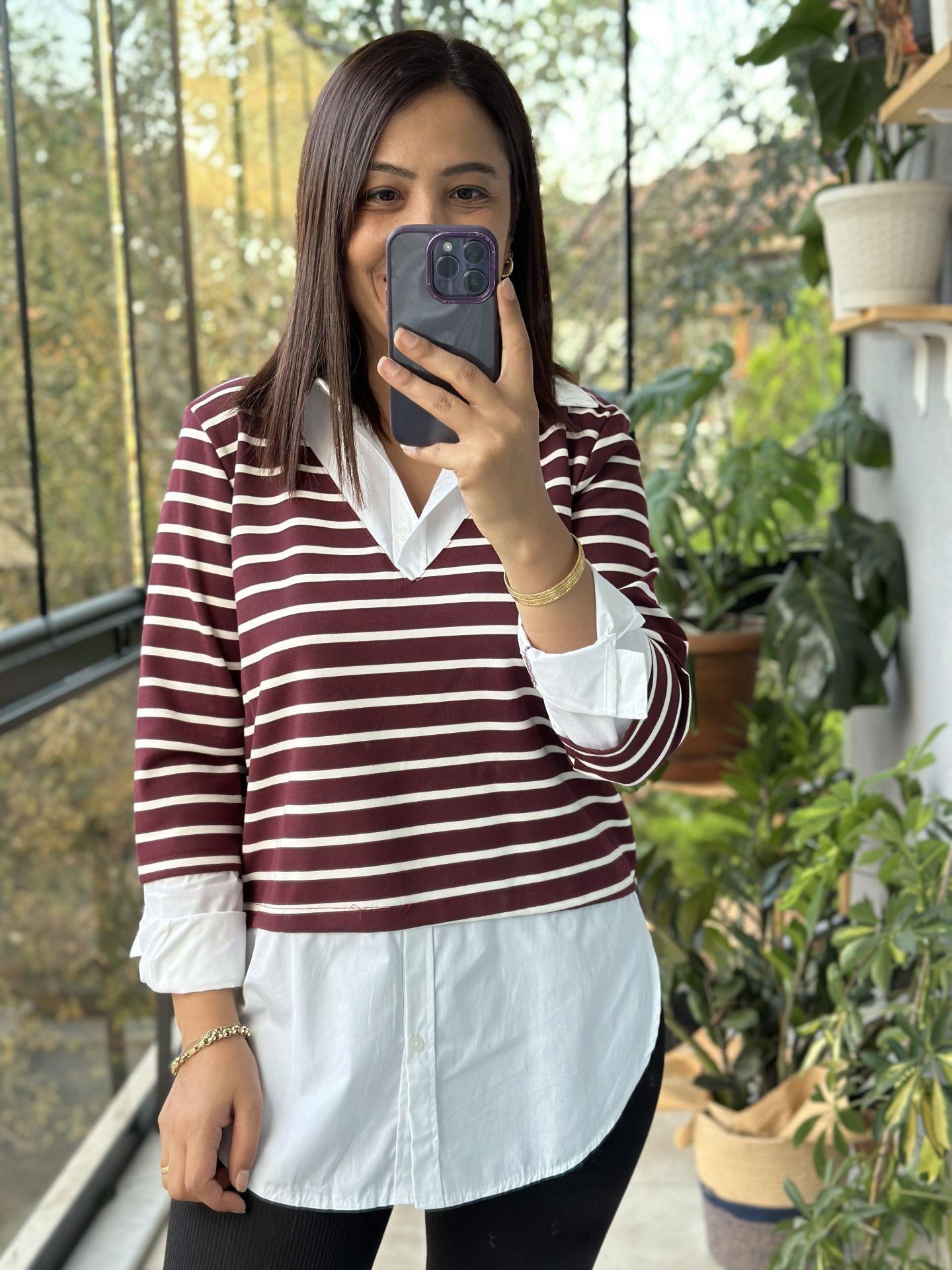 Bordo Çizgili Gömlek Yaka Tasarım Sweatshirt