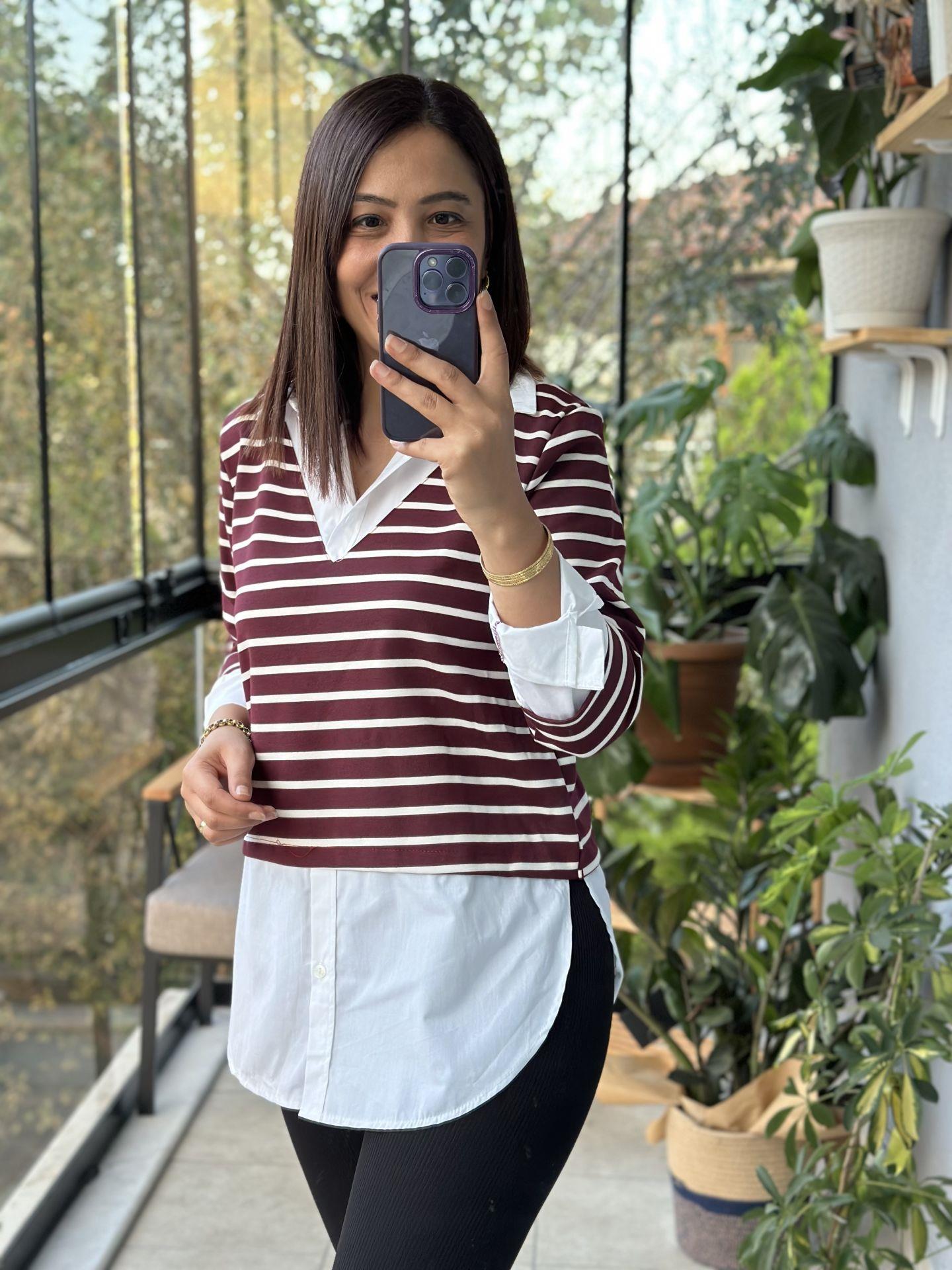 Bordo Çizgili Gömlek Yaka Tasarım Sweatshirt