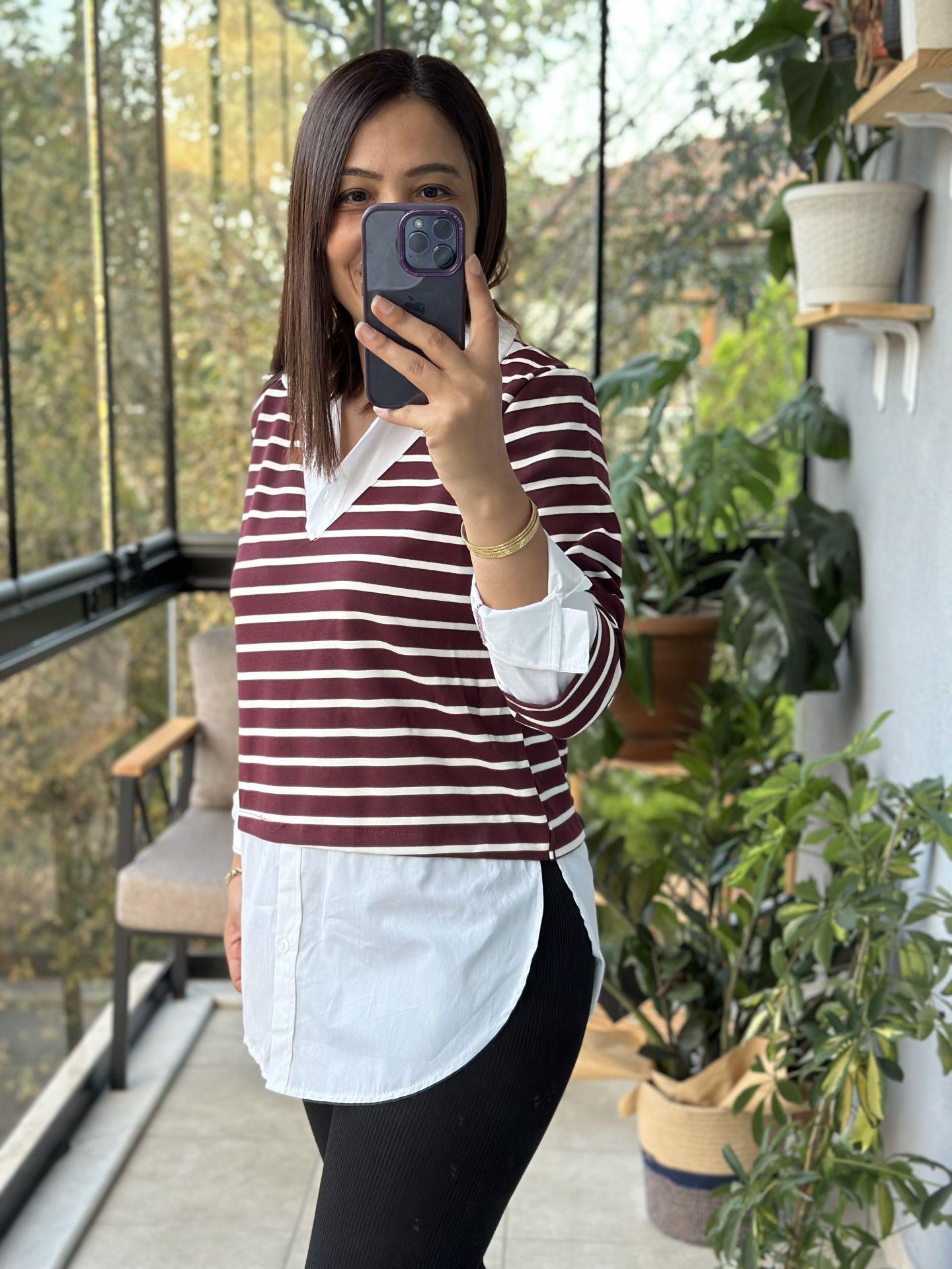 Bordo Çizgili Gömlek Yaka Tasarım Sweatshirt