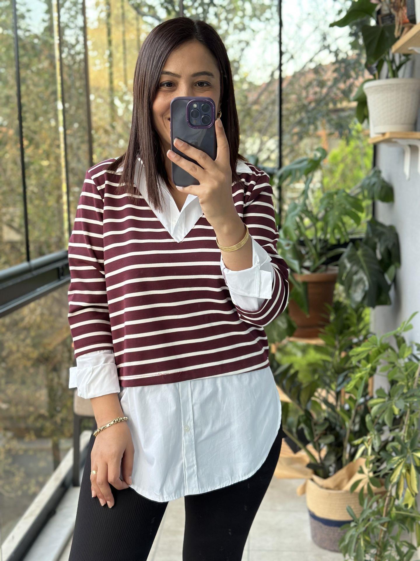 Bordo Çizgili Gömlek Yaka Tasarım Sweatshirt