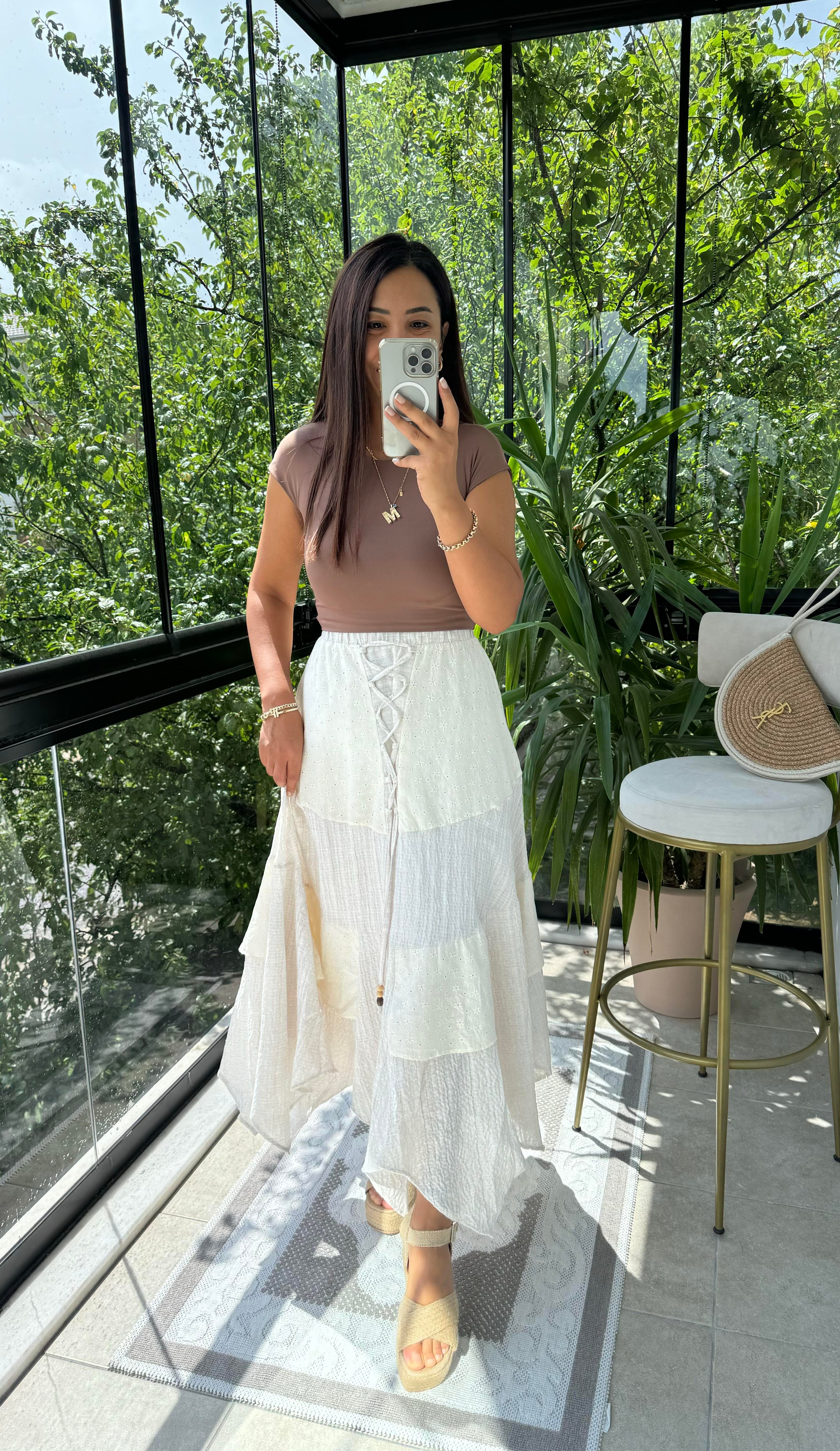 Brode Parçalı Etek Ekru