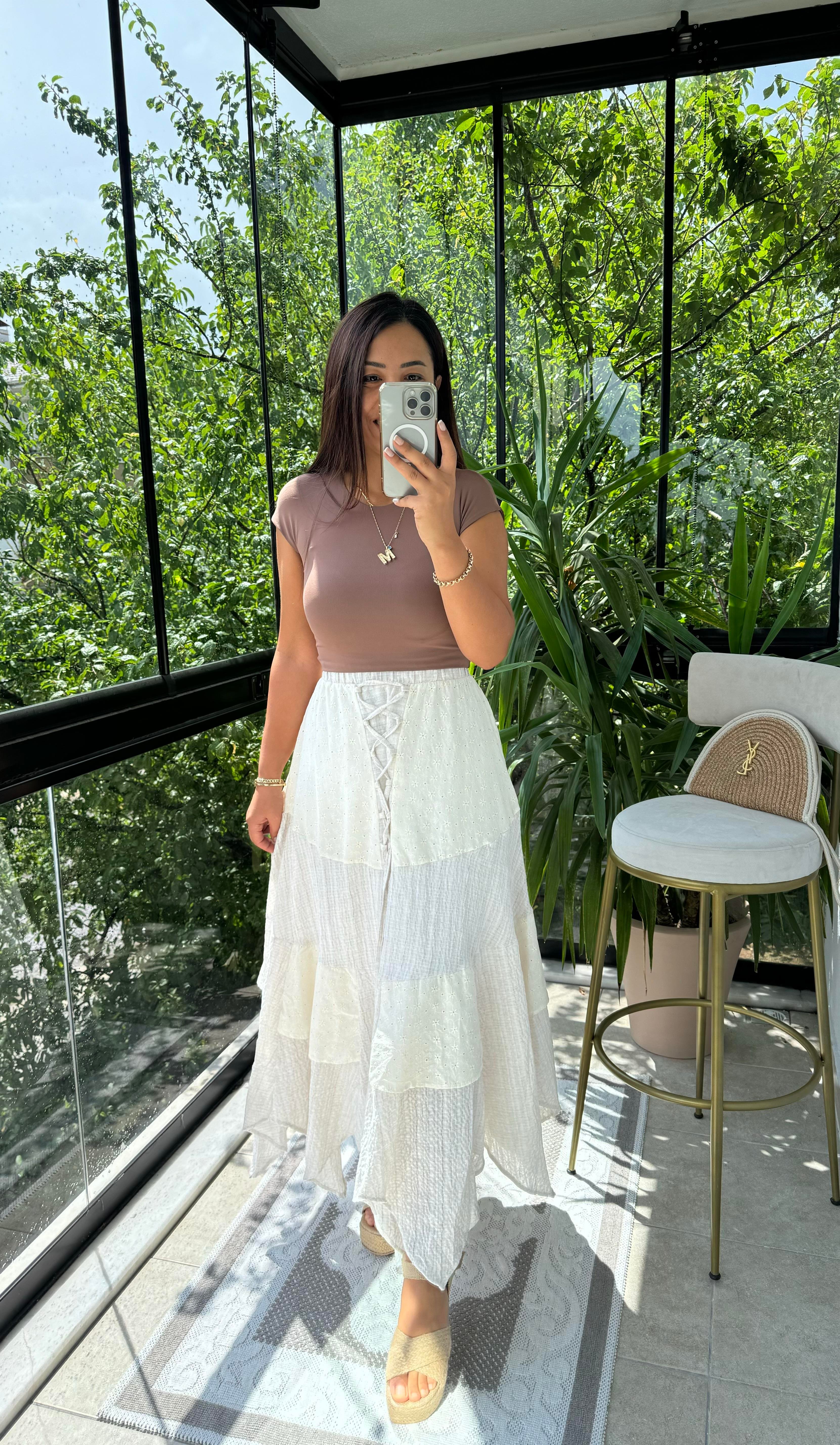 Brode Parçalı Etek Ekru