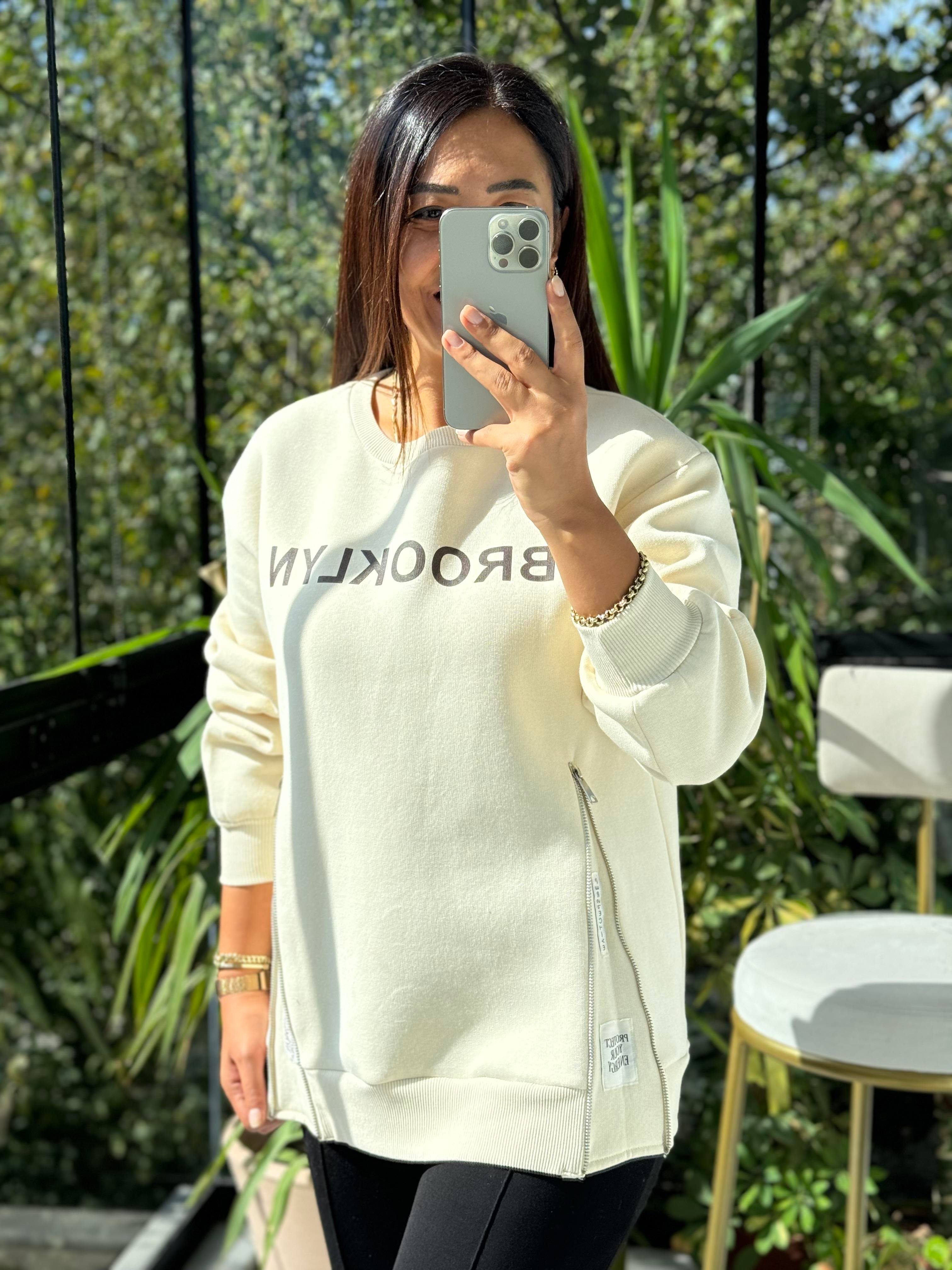 Broklyn Fermuarlı Sweatshirt Krem