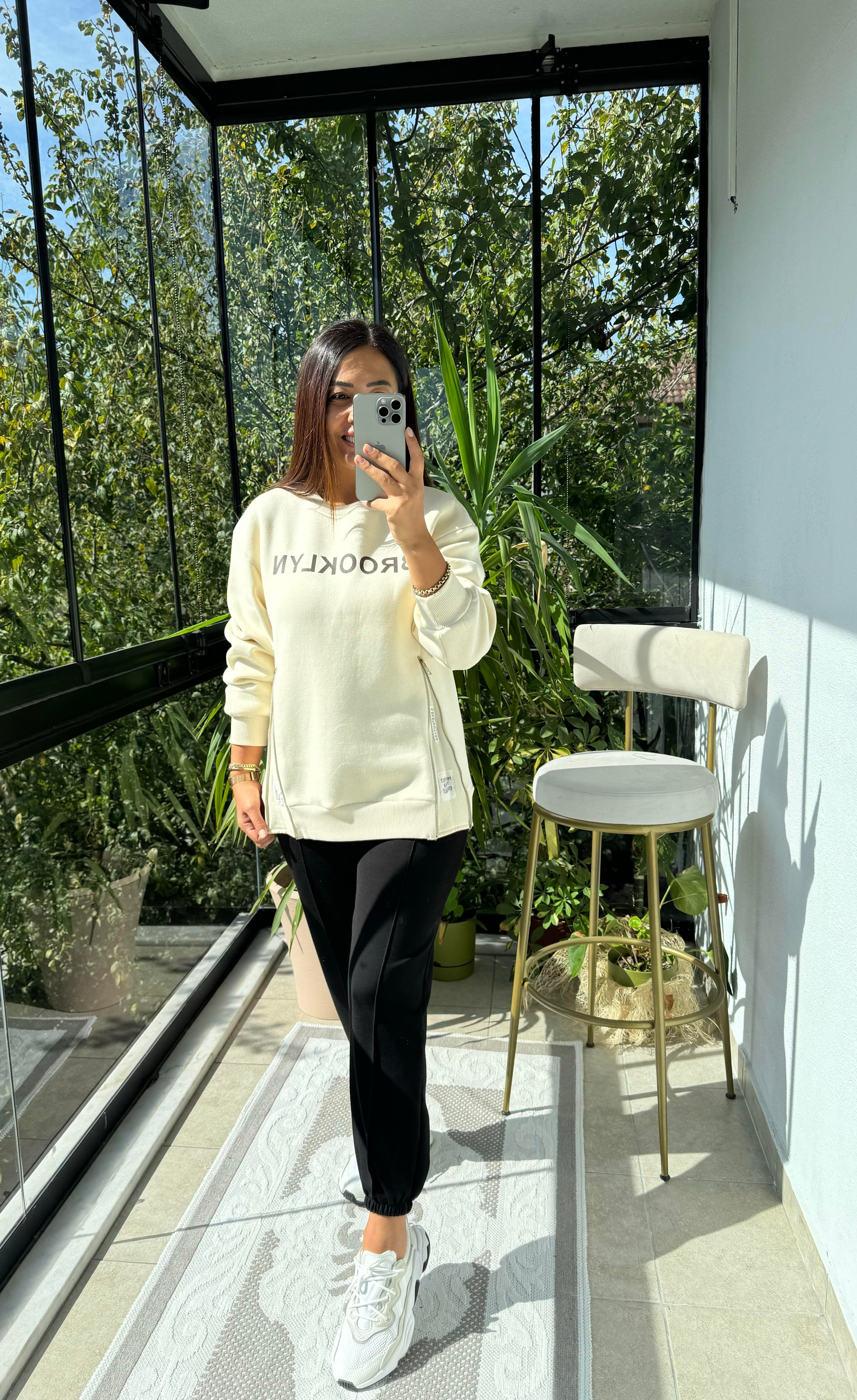 Broklyn Fermuarlı Sweatshirt Krem