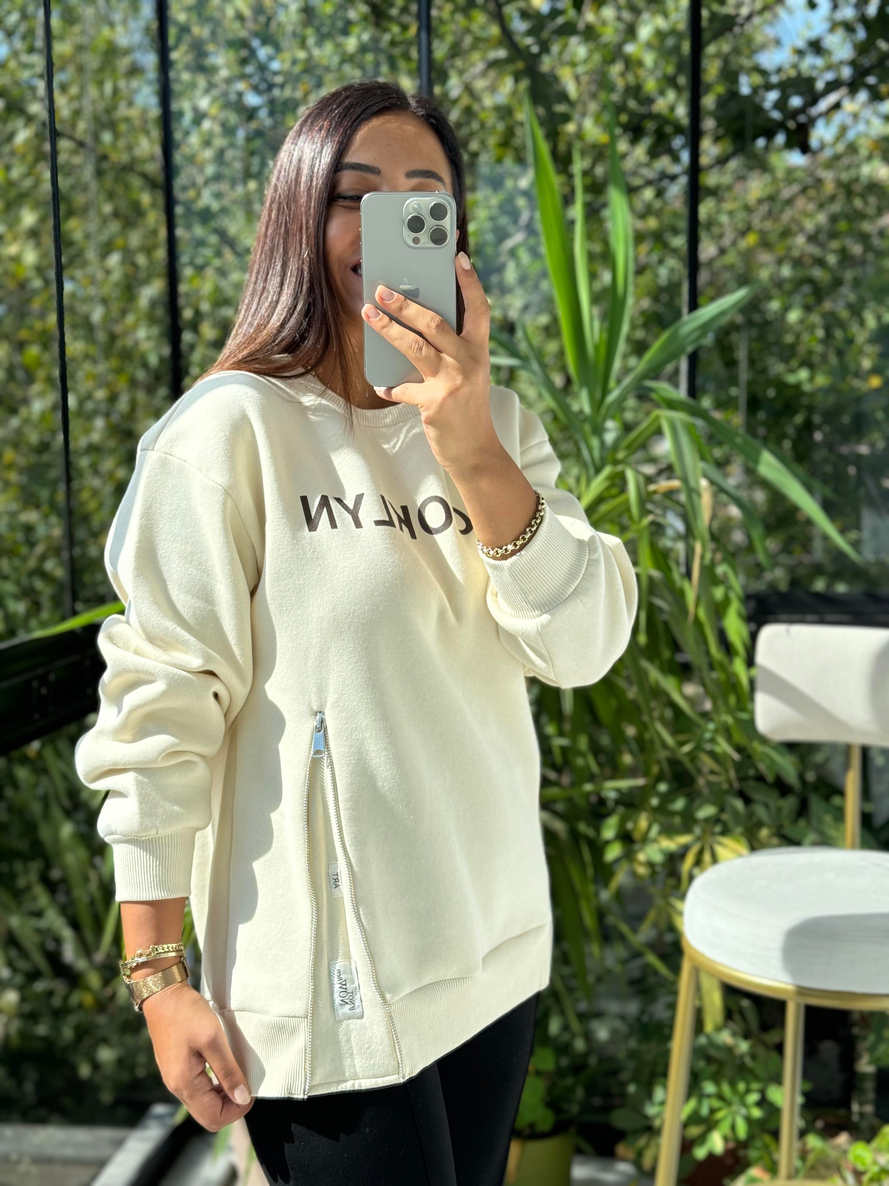 Broklyn Fermuarlı Sweatshirt Krem