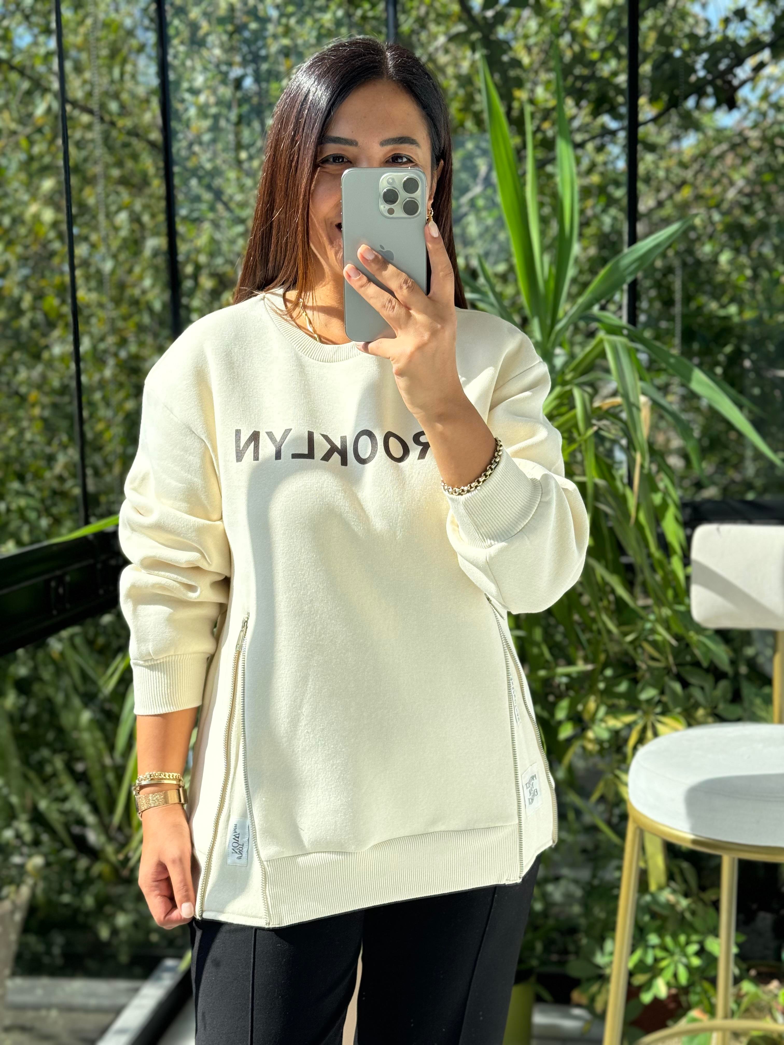 Broklyn Fermuarlı Sweatshirt Krem