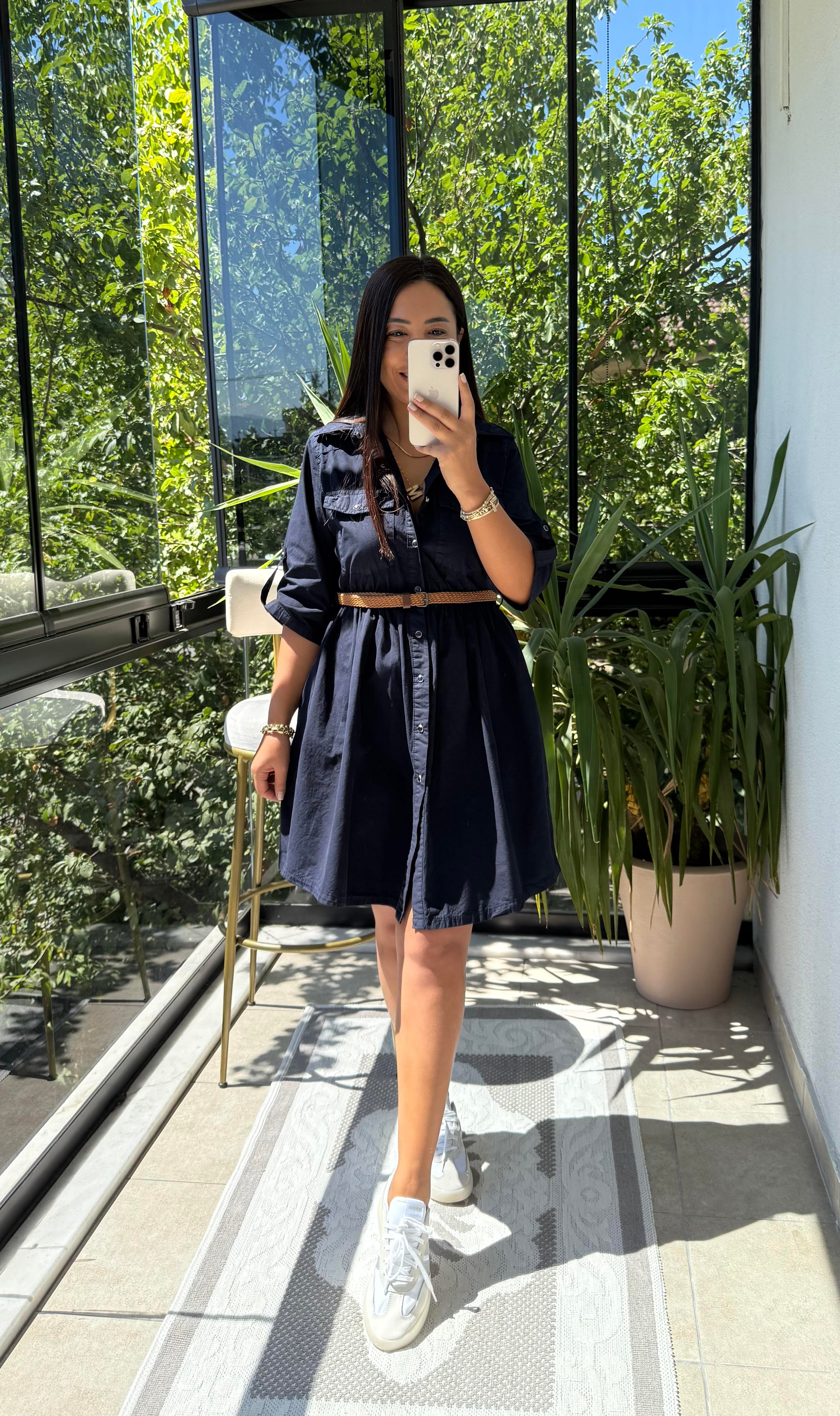 Büzgü Detaylı Kısa Kot Elbise Lacivert