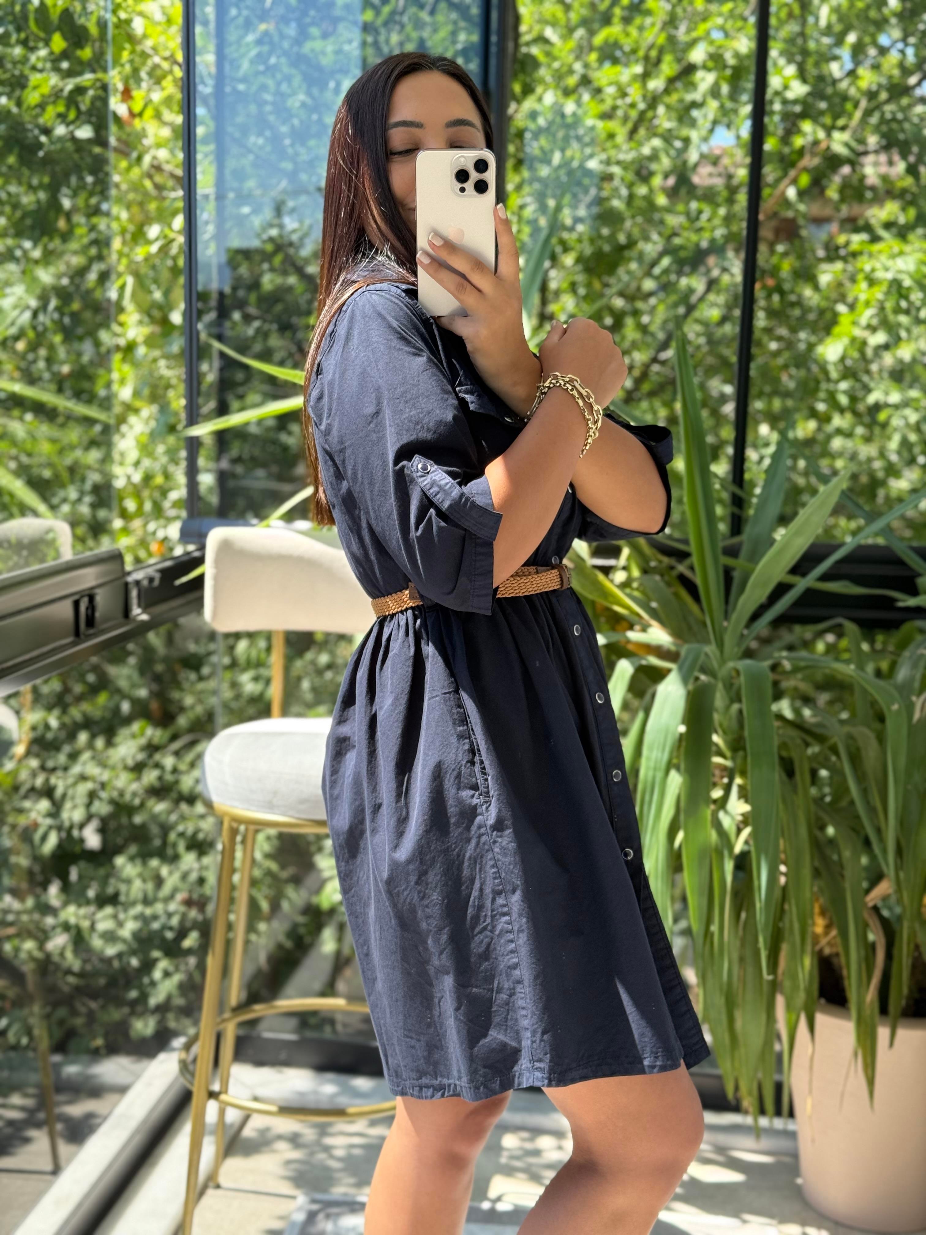 Büzgü Detaylı Kısa Kot Elbise Lacivert