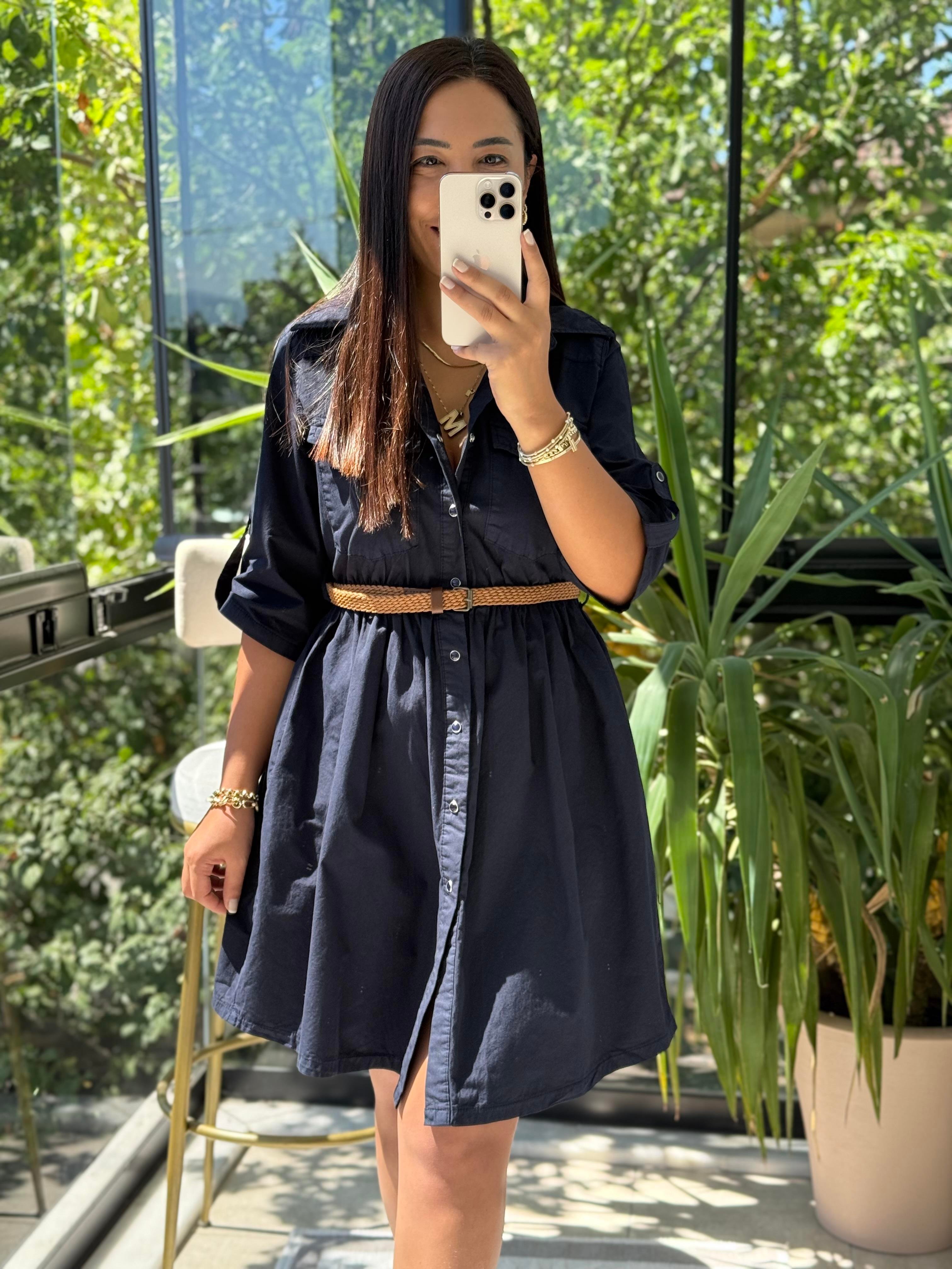 Büzgü Detaylı Kısa Kot Elbise Lacivert