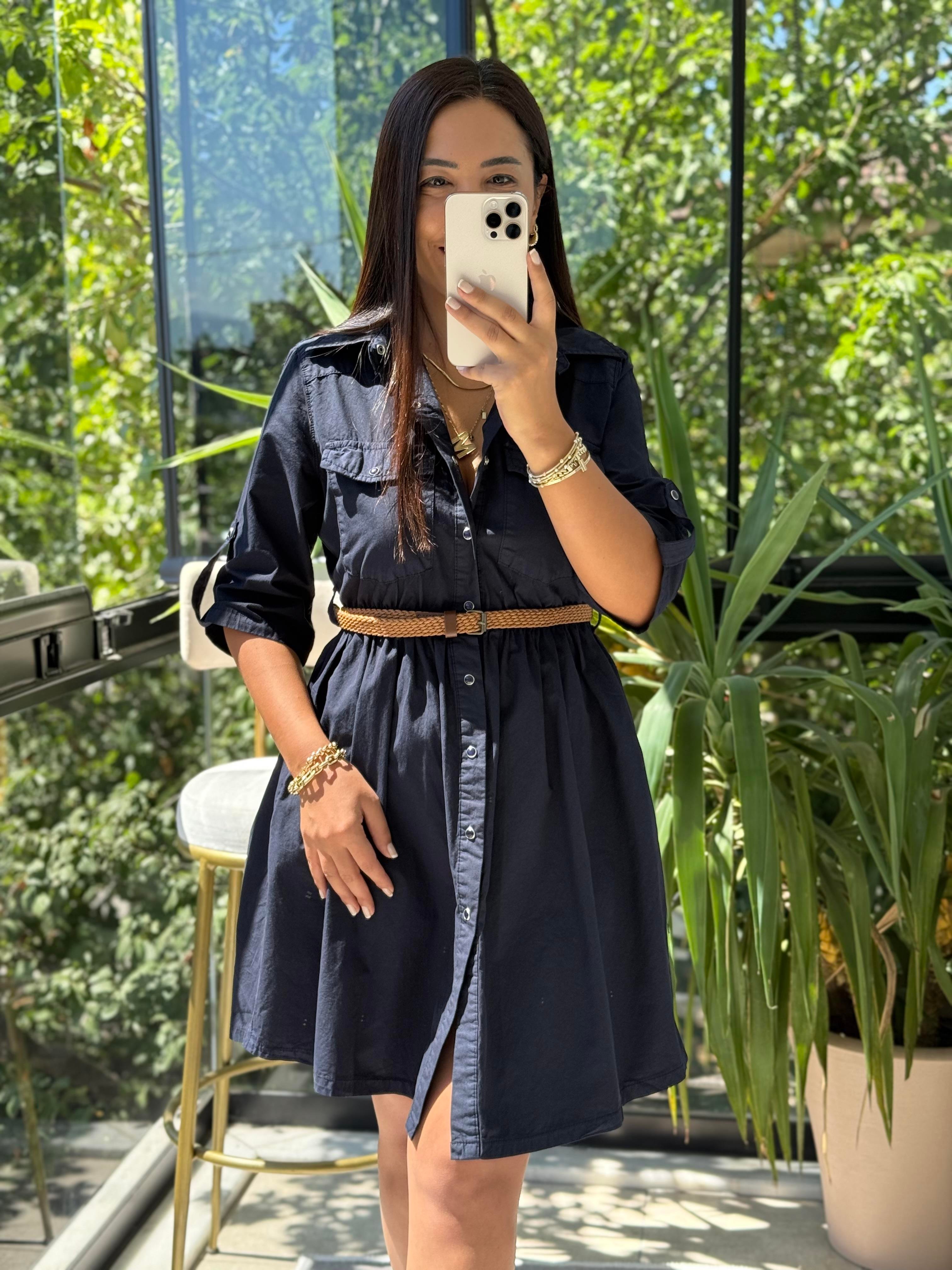 Büzgü Detaylı Kısa Kot Elbise Lacivert