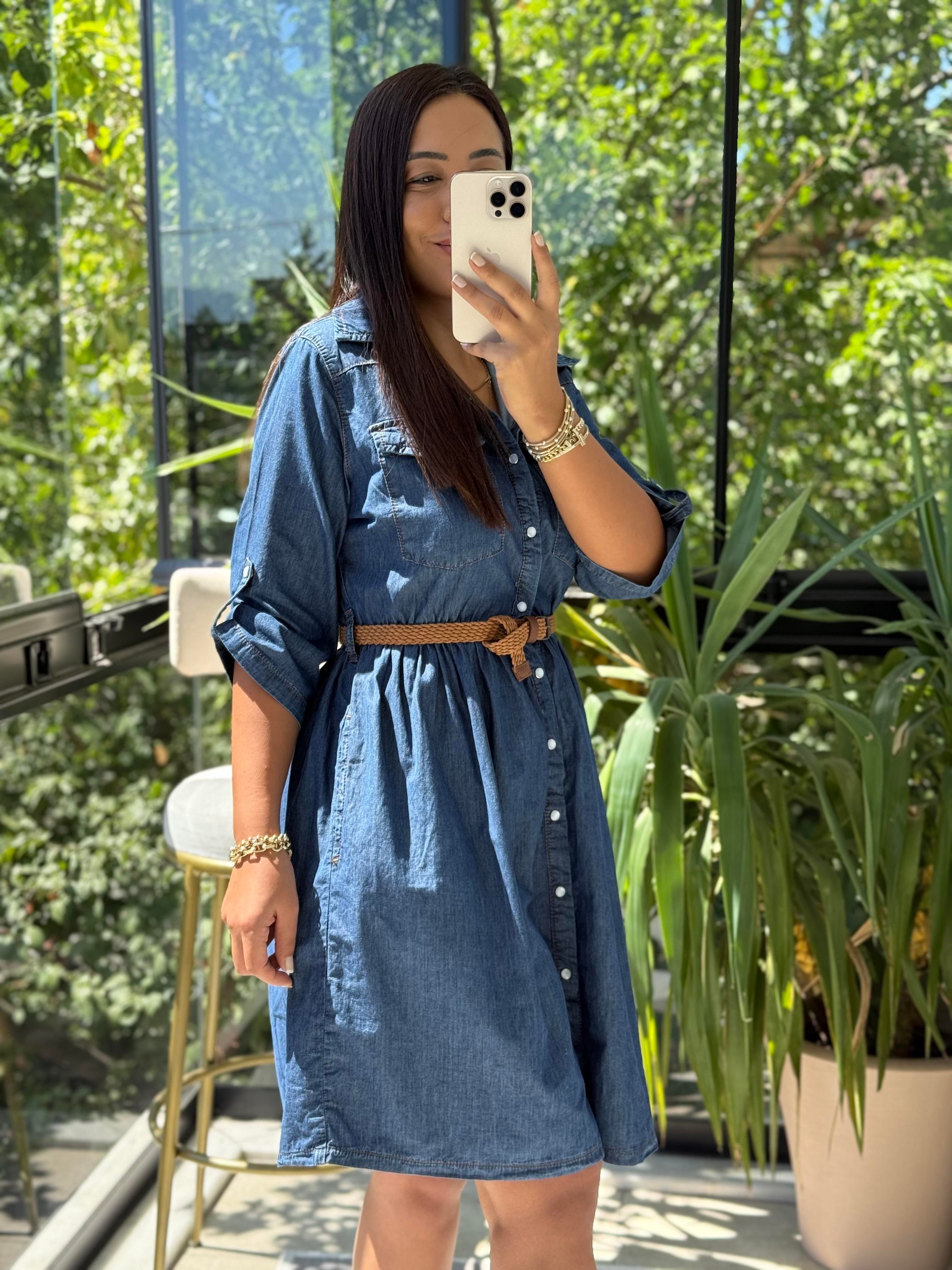 Büzgü Detaylı Kısa Kot Elbise Mavi