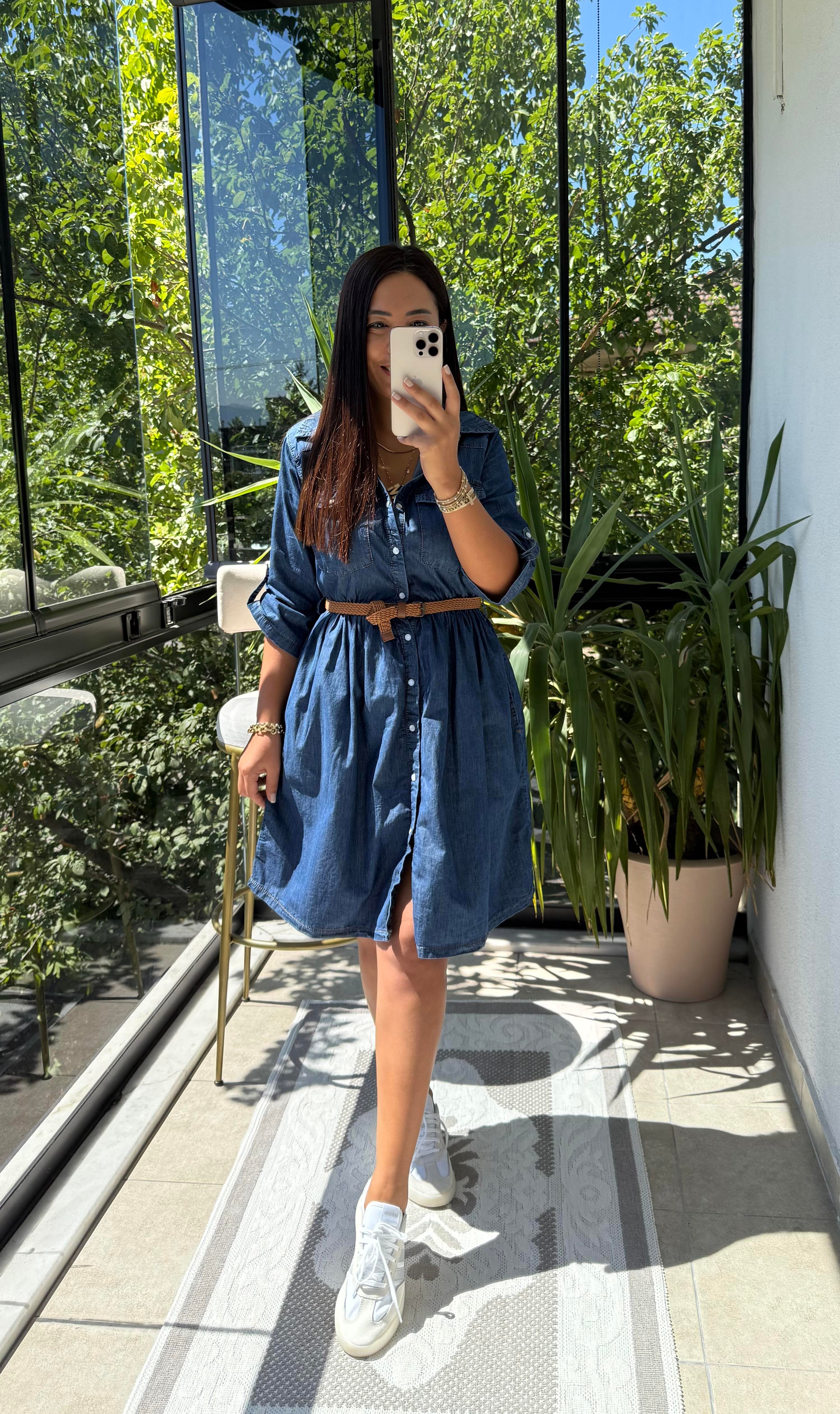 Büzgü Detaylı Kısa Kot Elbise Mavi