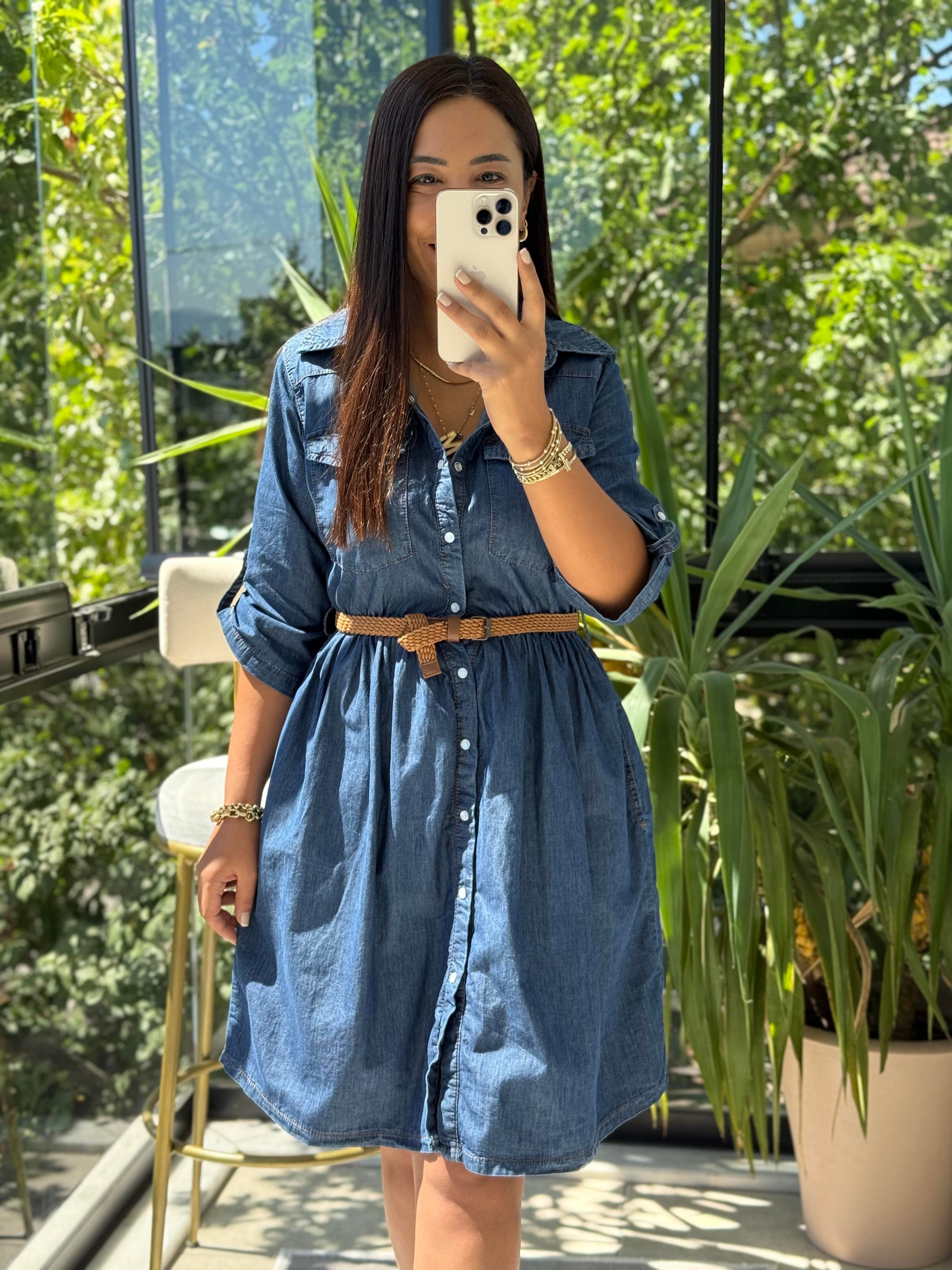 Büzgü Detaylı Kısa Kot Elbise Mavi