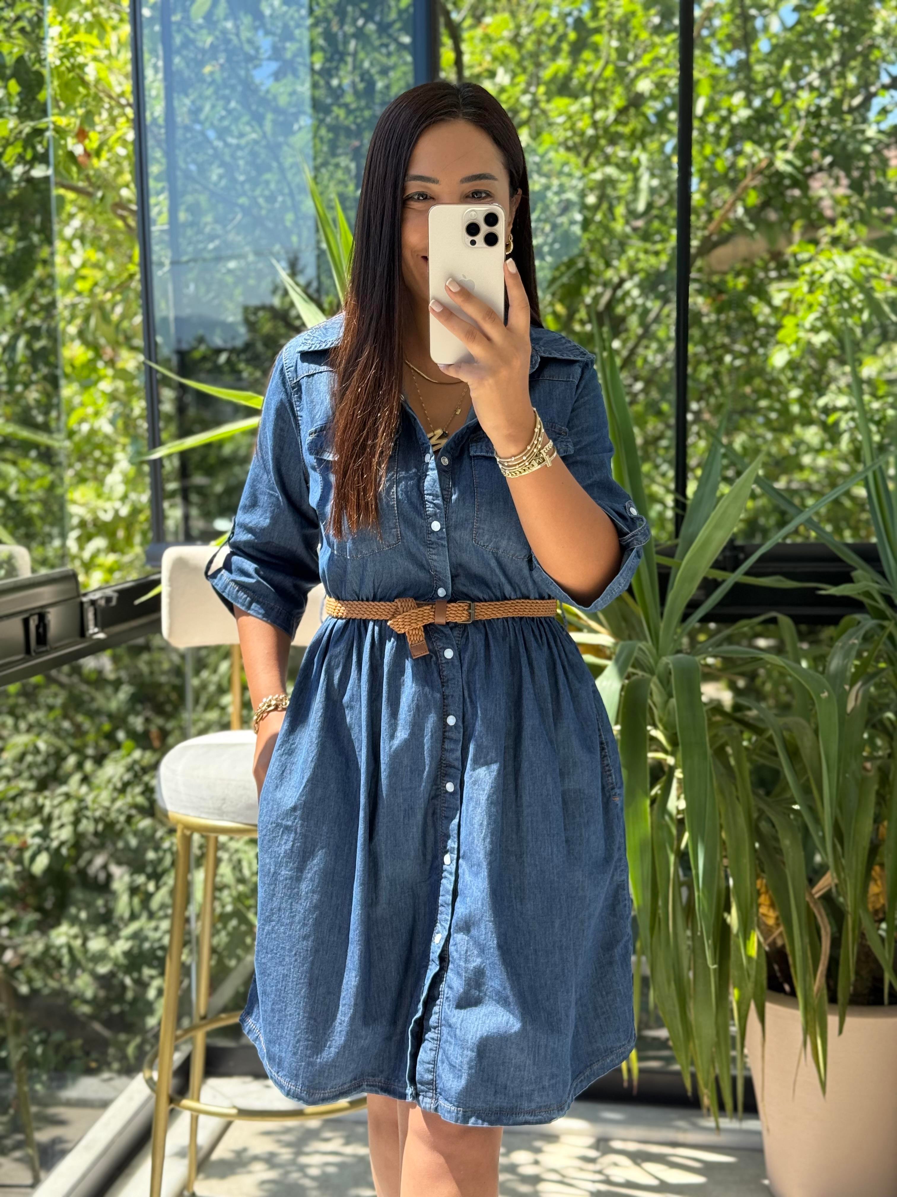 Büzgü Detaylı Kısa Kot Elbise Mavi