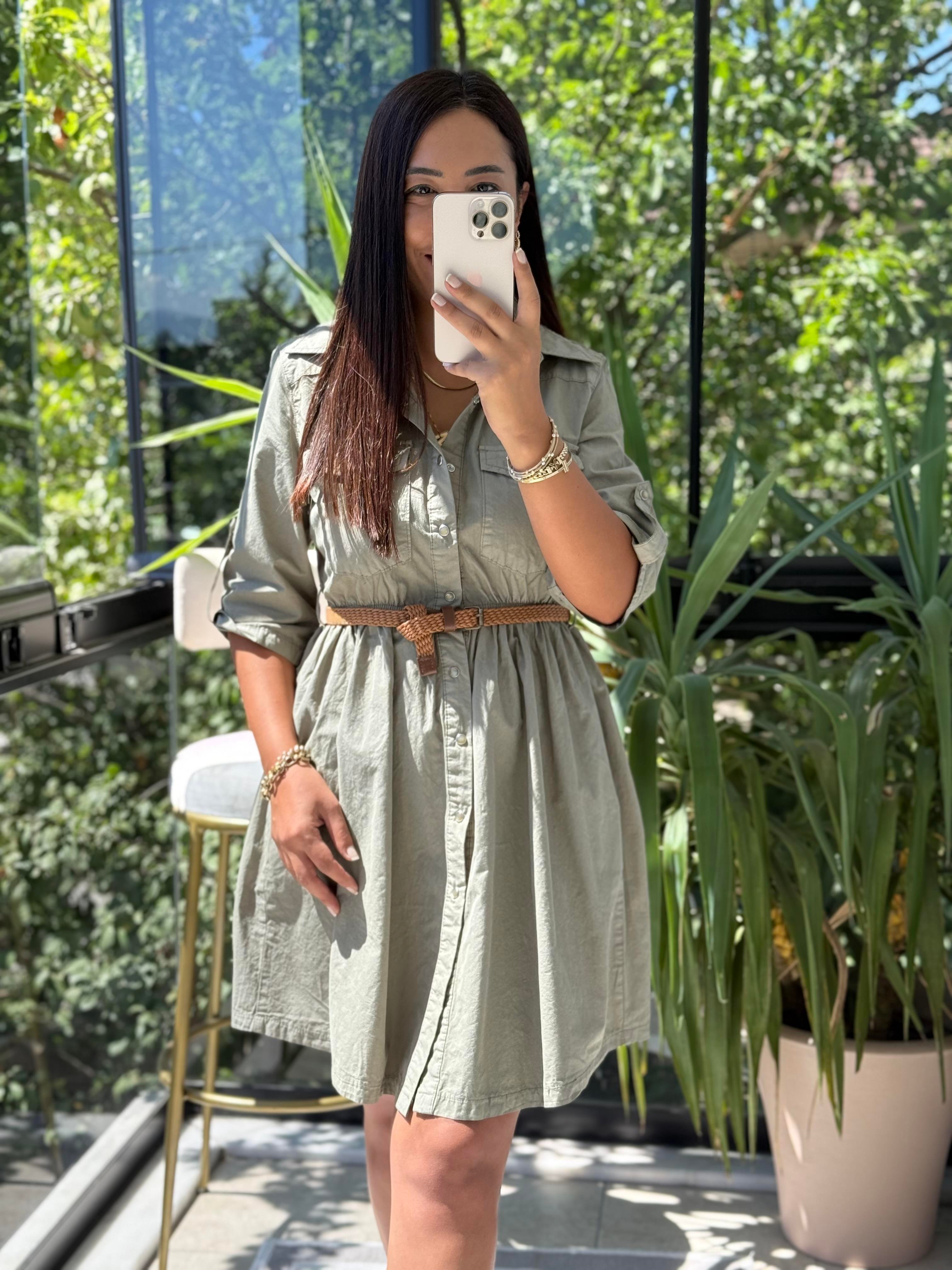 Büzgü Detaylı Kısa Kot Elbise Yeşil