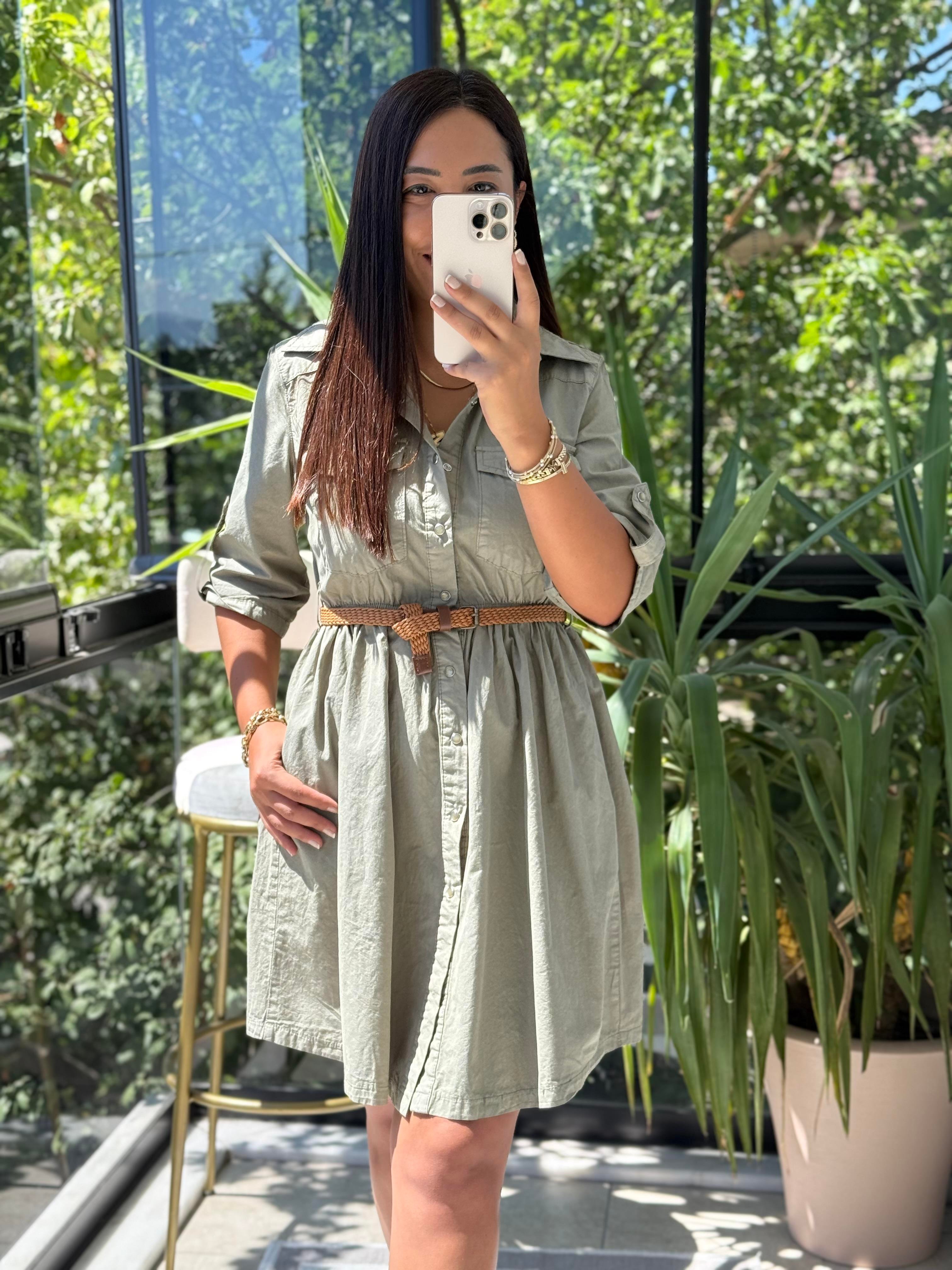 Büzgü Detaylı Kısa Kot Elbise Yeşil