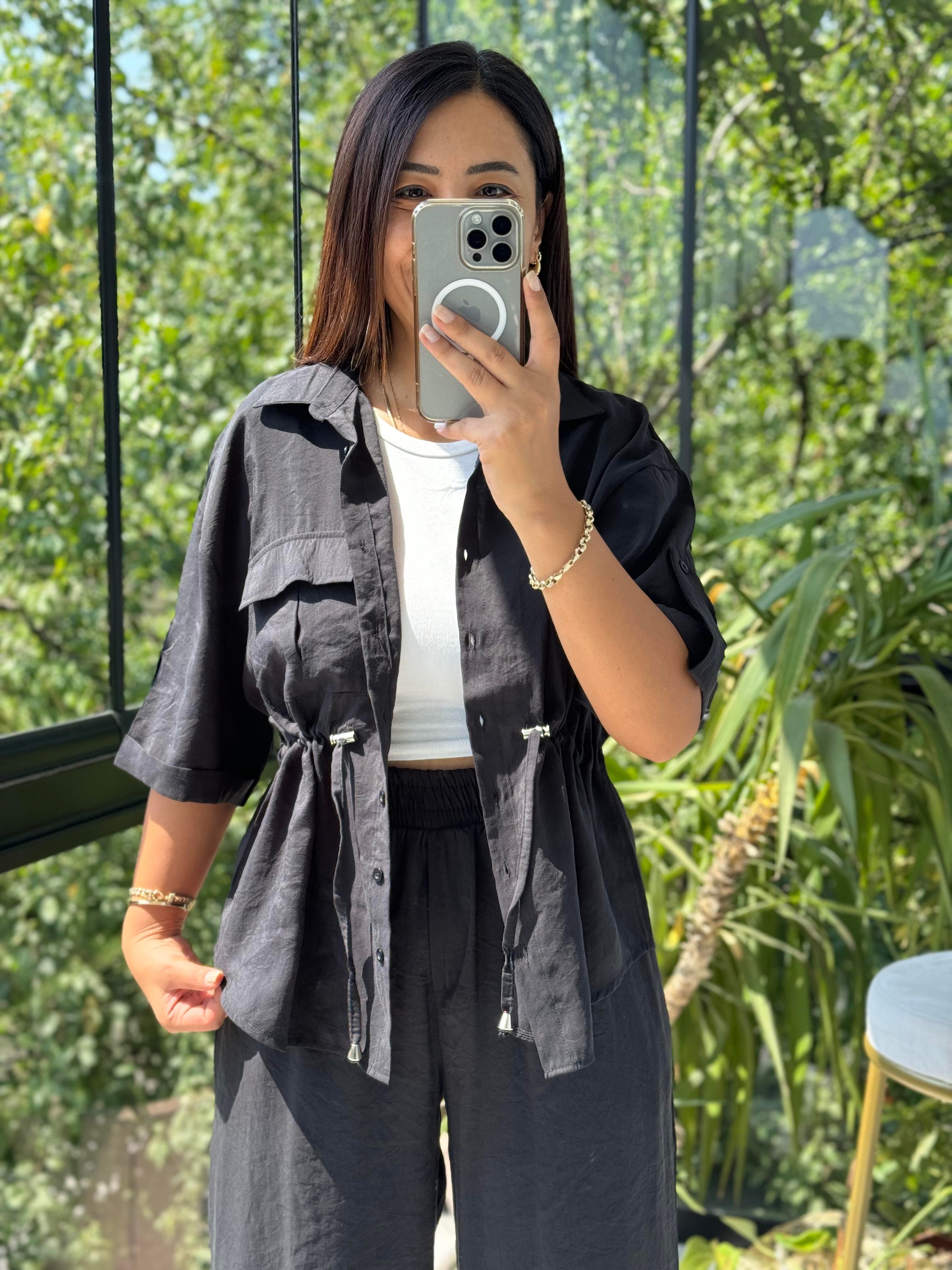 Büzgü Detaylı Tensel Takım Siyah