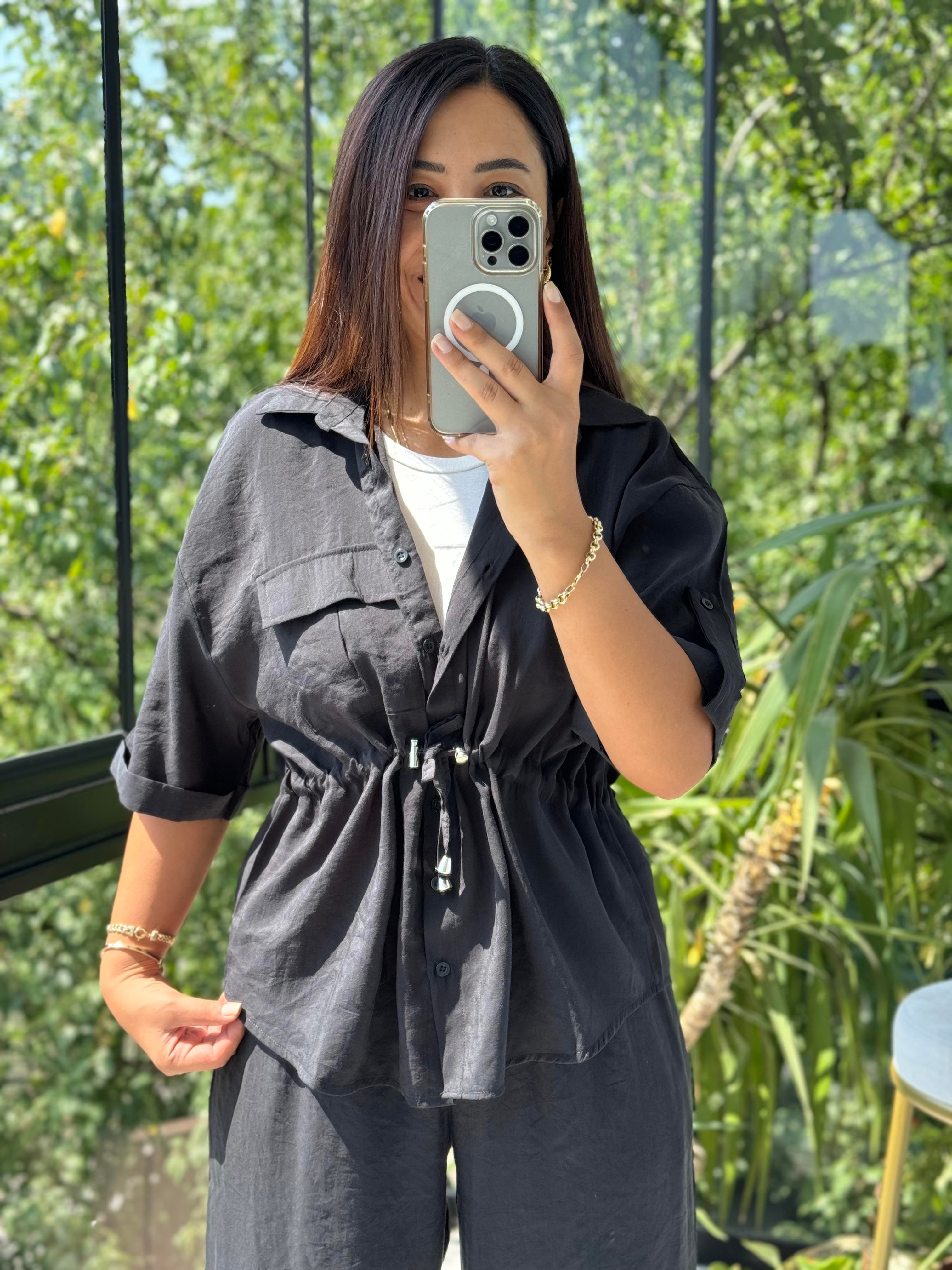 Büzgü Detaylı Tensel Takım Siyah