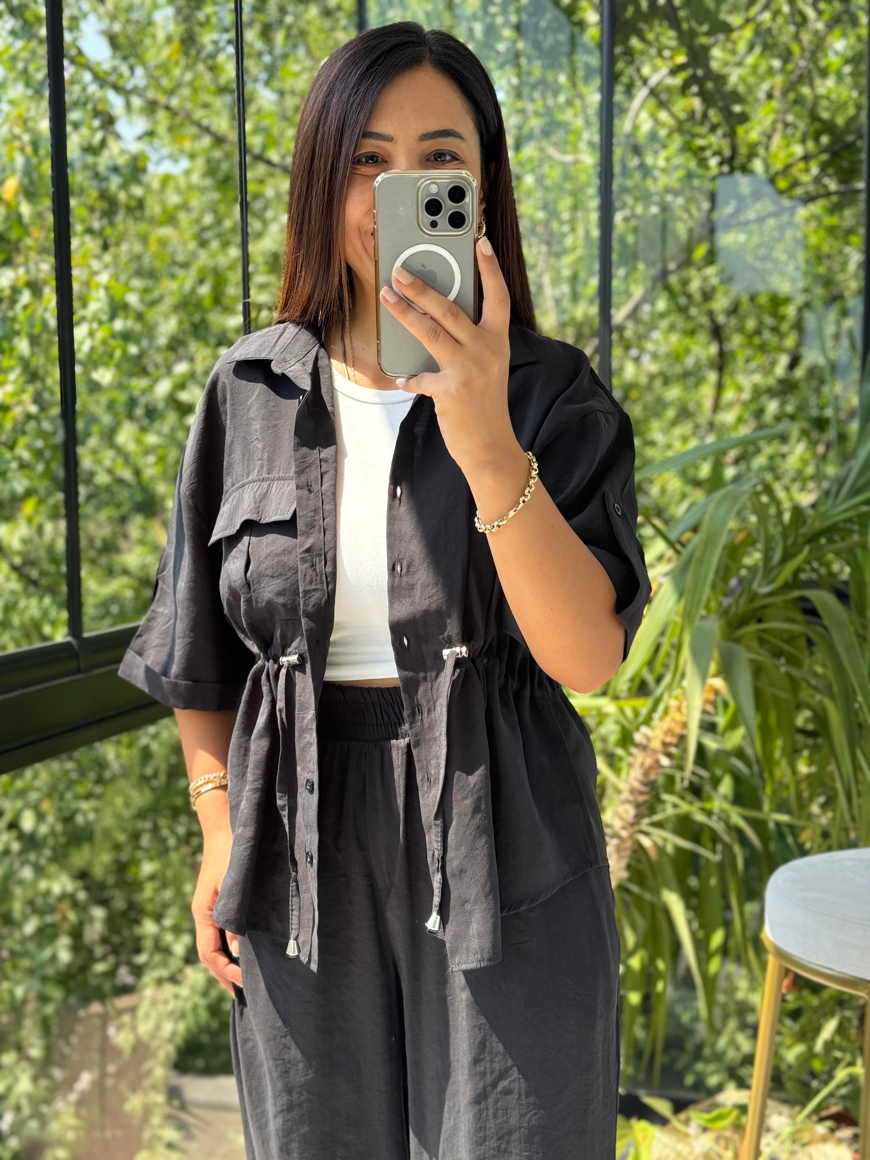 Büzgü Detaylı Tensel Takım Siyah