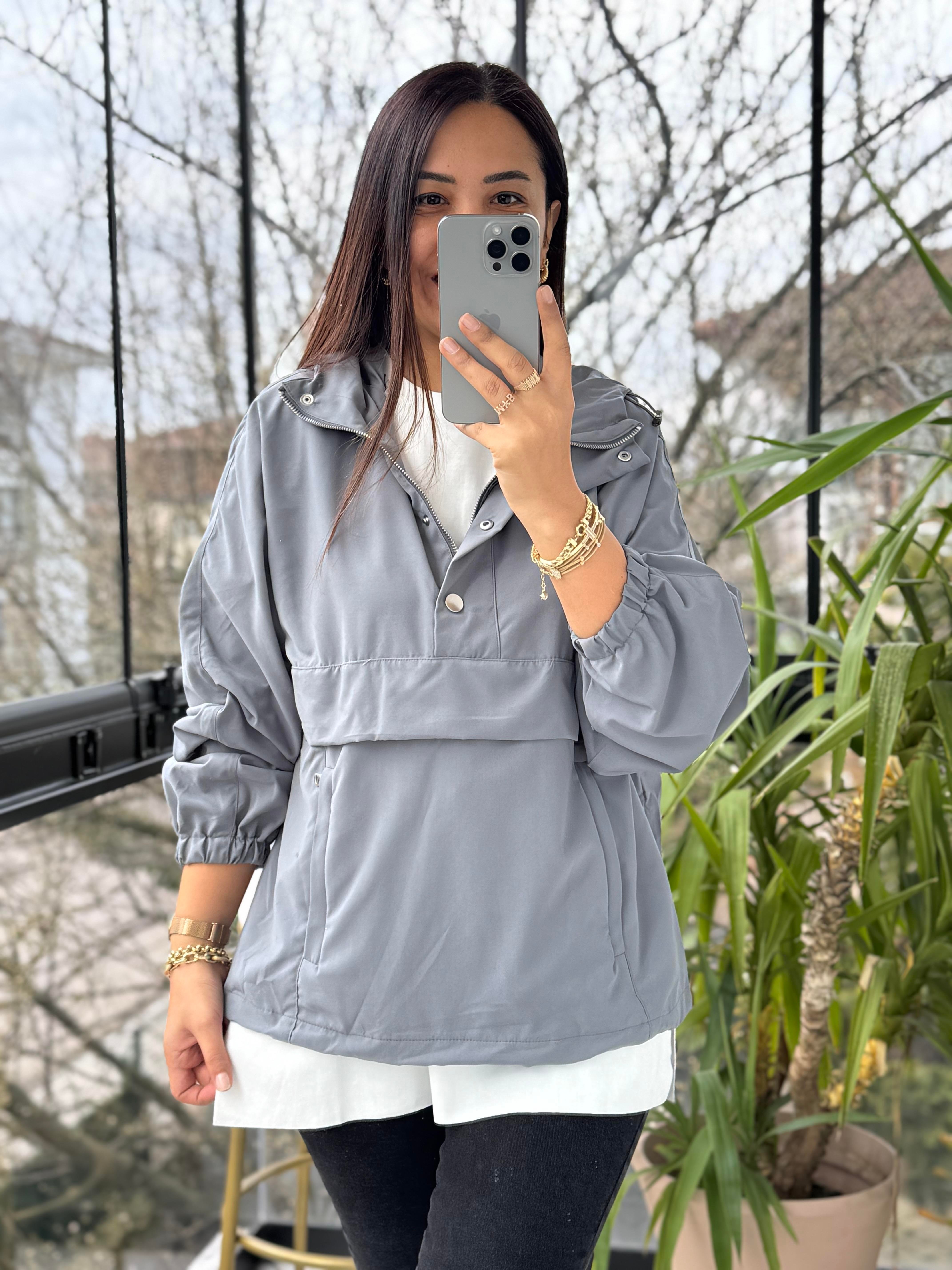 Cepli Çıtçıtlı Tasarım Sweatshirt Gri