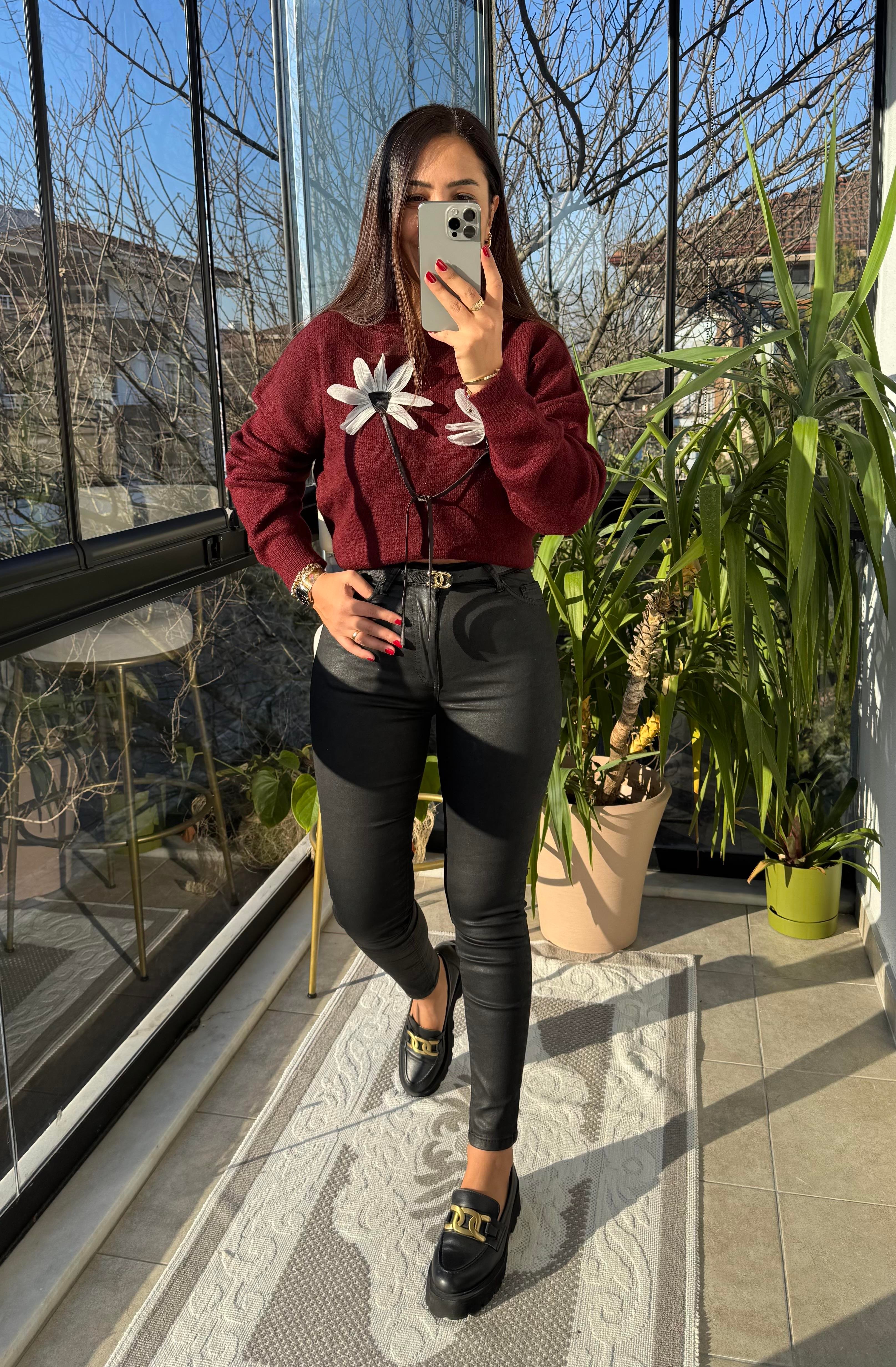 Çiçek Bağlamalı Kazak Bordo