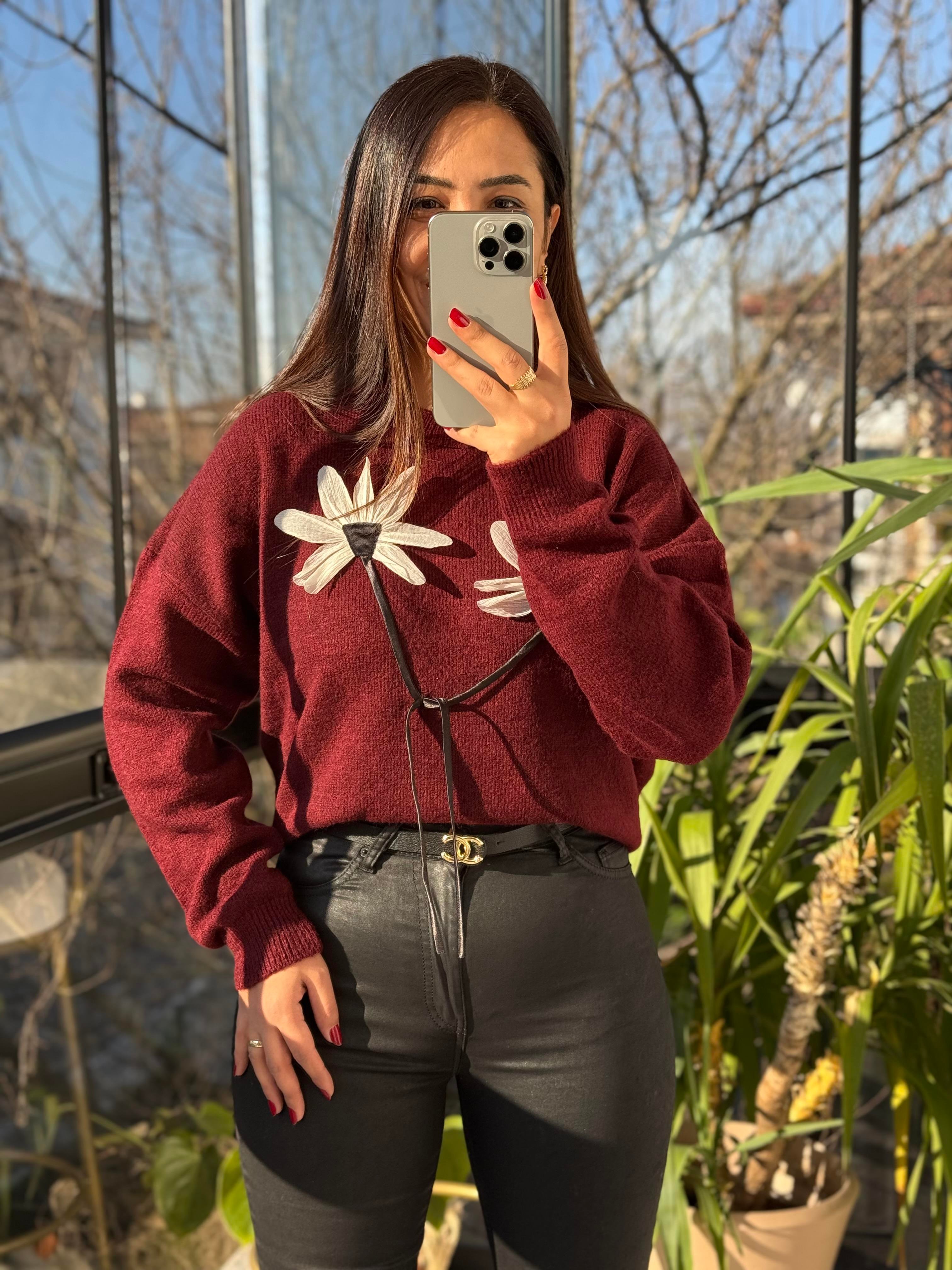 Çiçek Bağlamalı Kazak Bordo