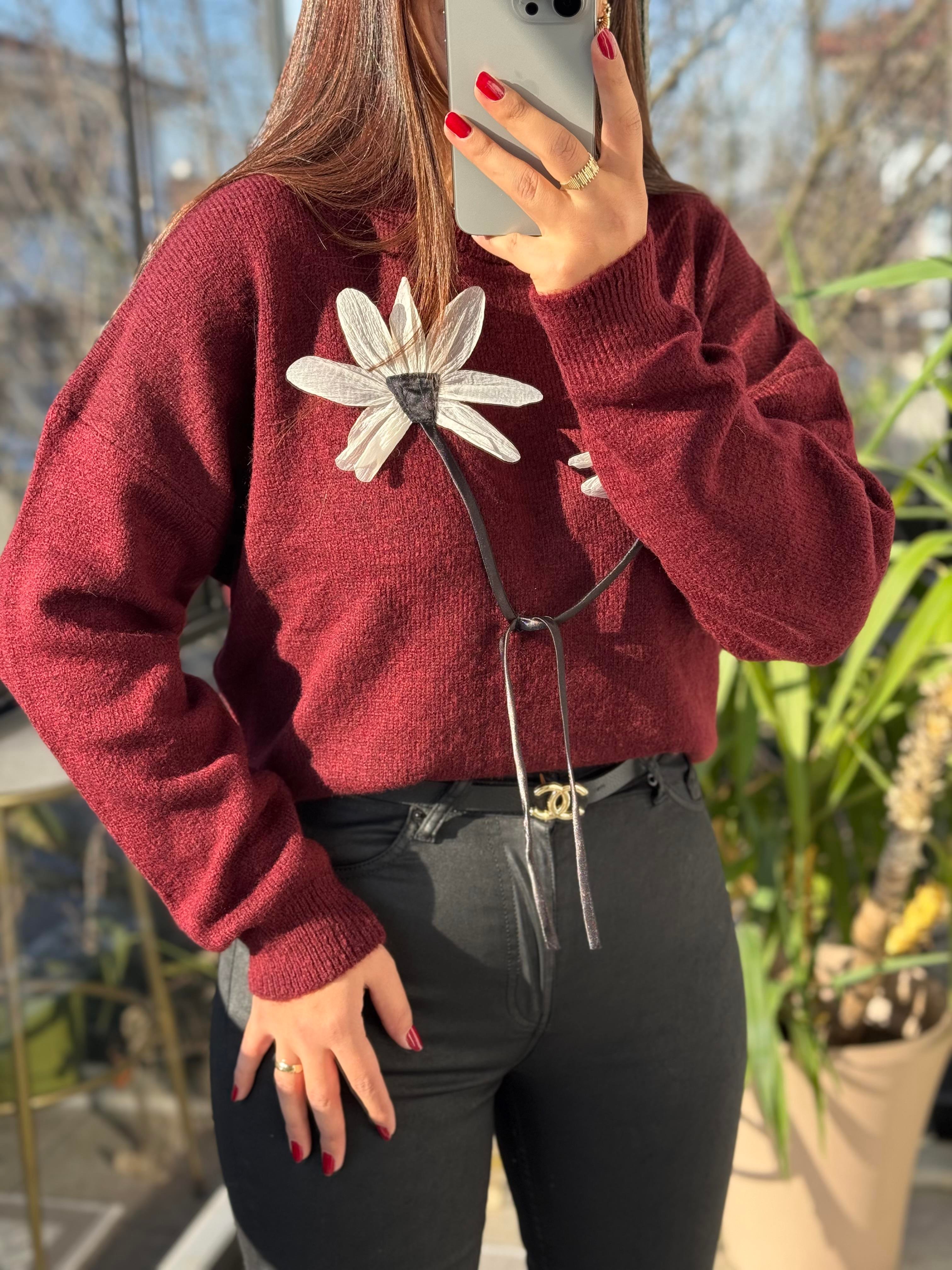 Çiçek Bağlamalı Kazak Bordo