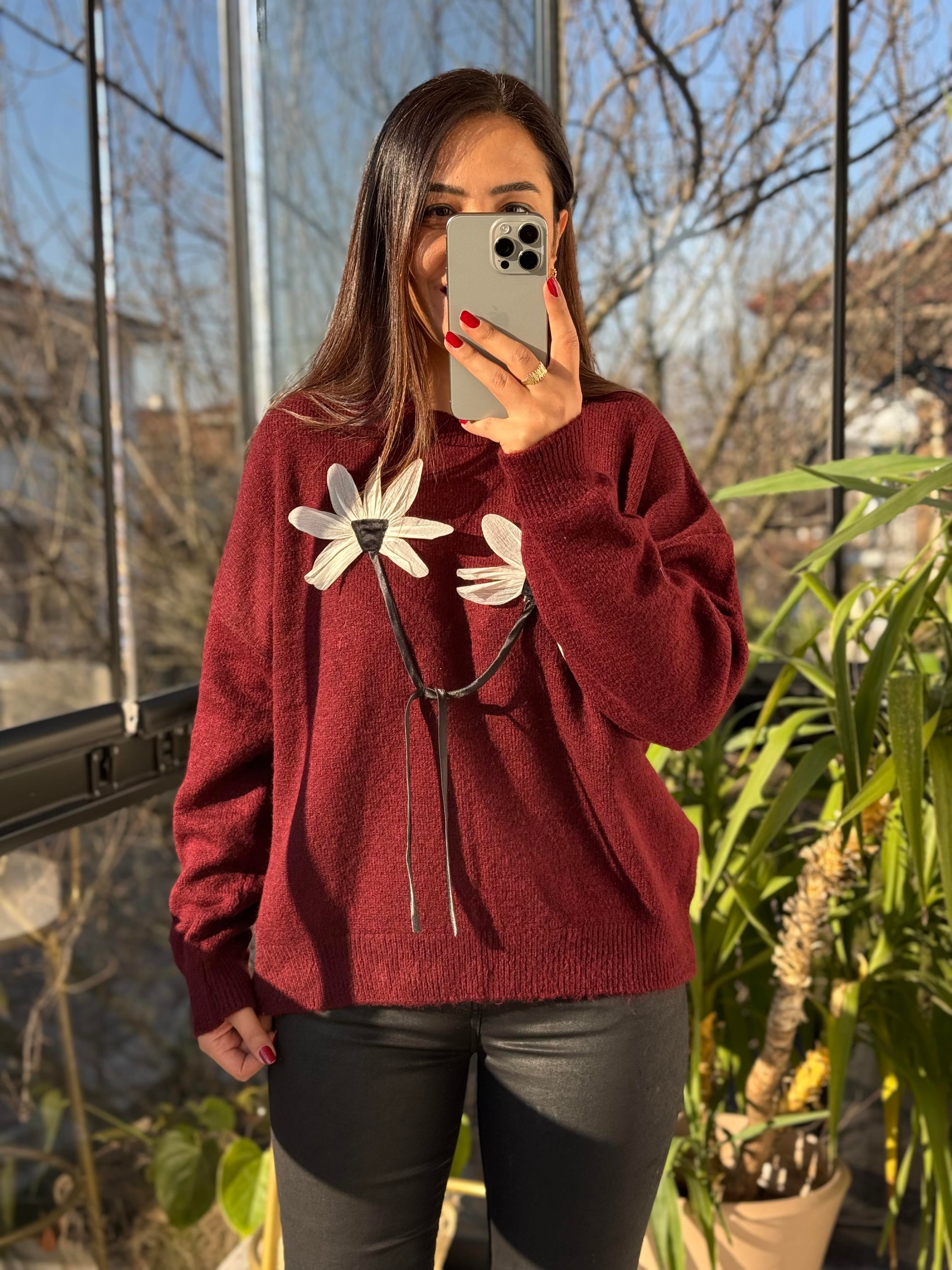 Çiçek Bağlamalı Kazak Bordo