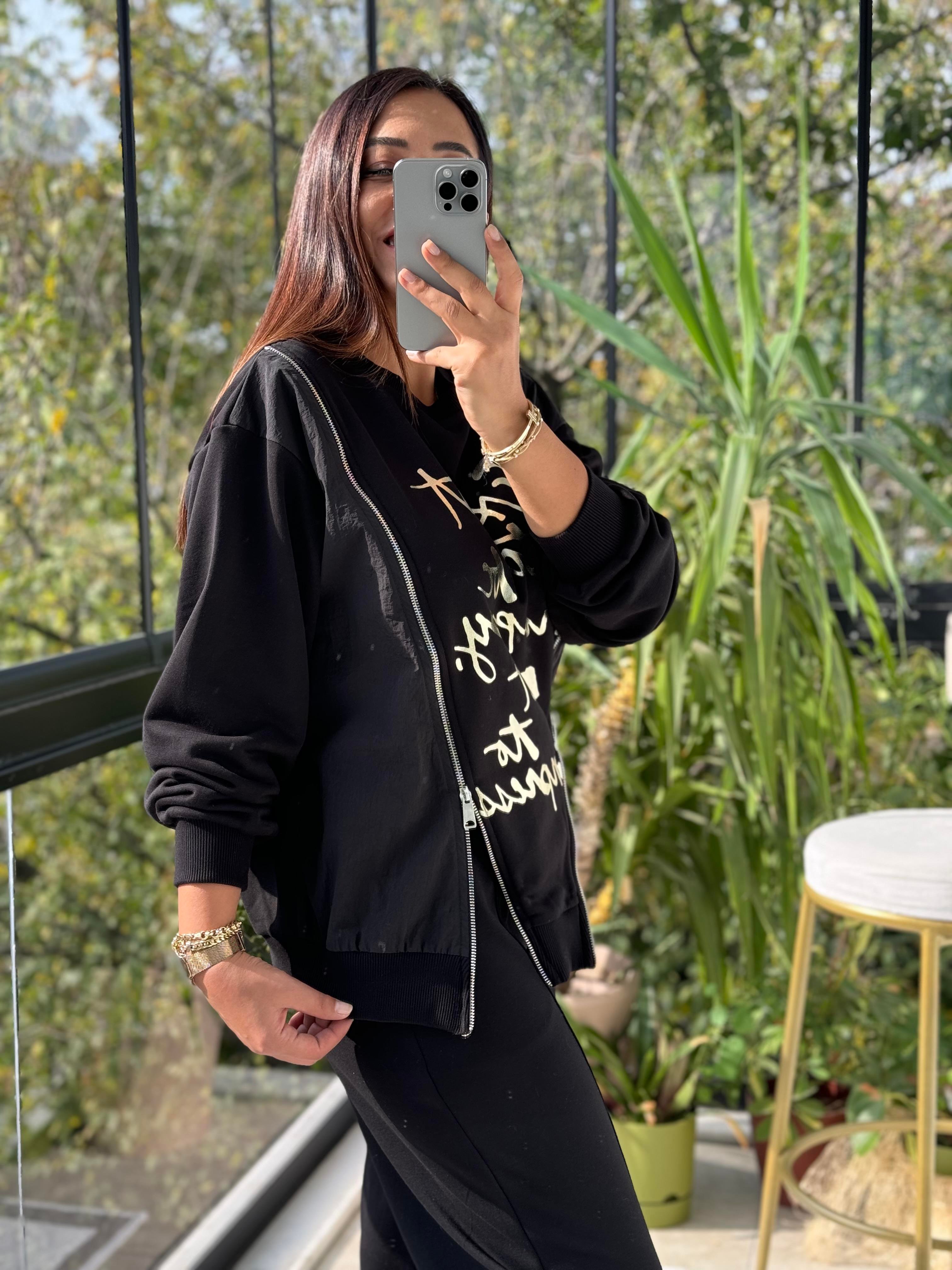 Çift Fermuarlı Sweatshirt Siyah