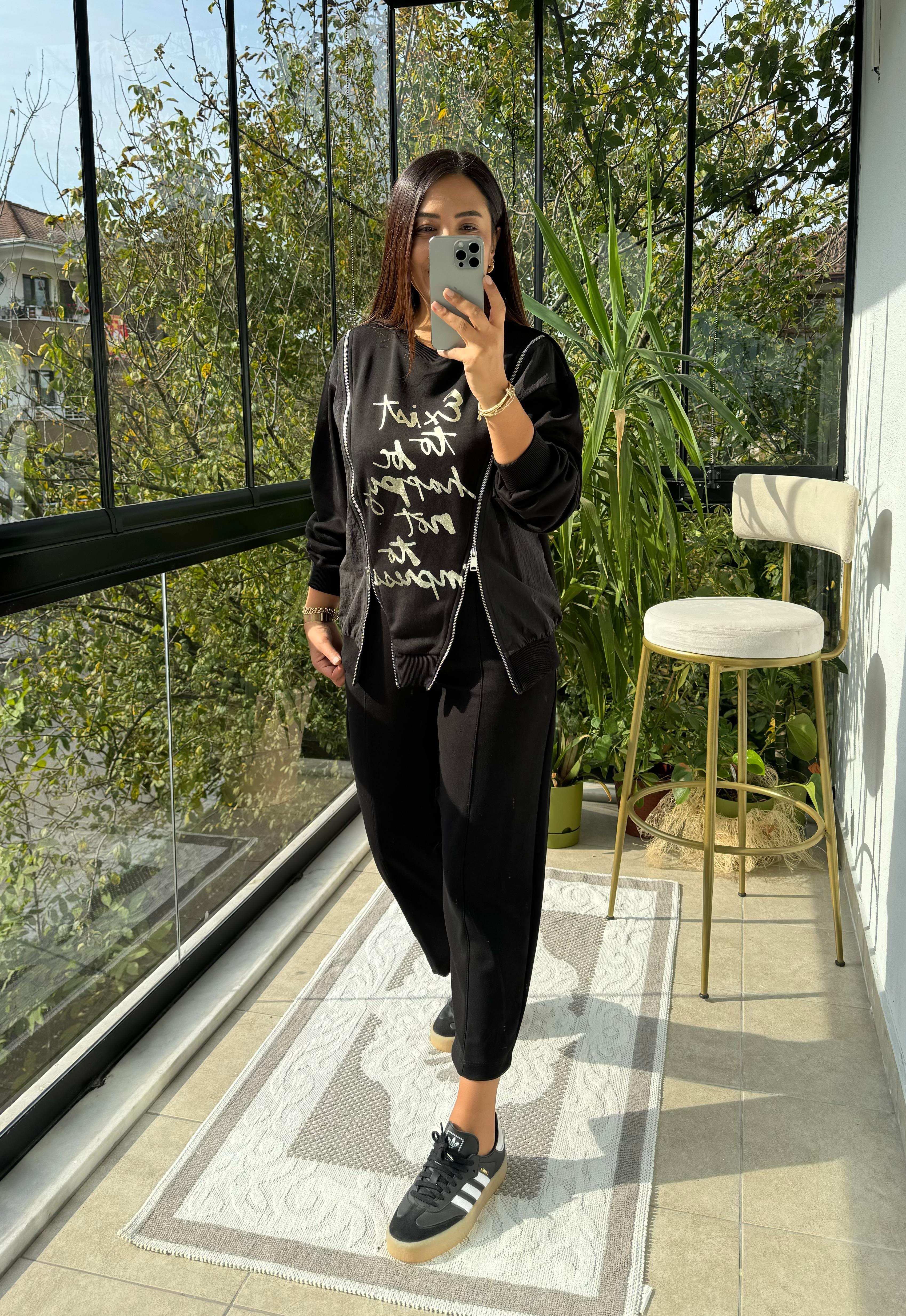 Çift Fermuarlı Sweatshirt Siyah